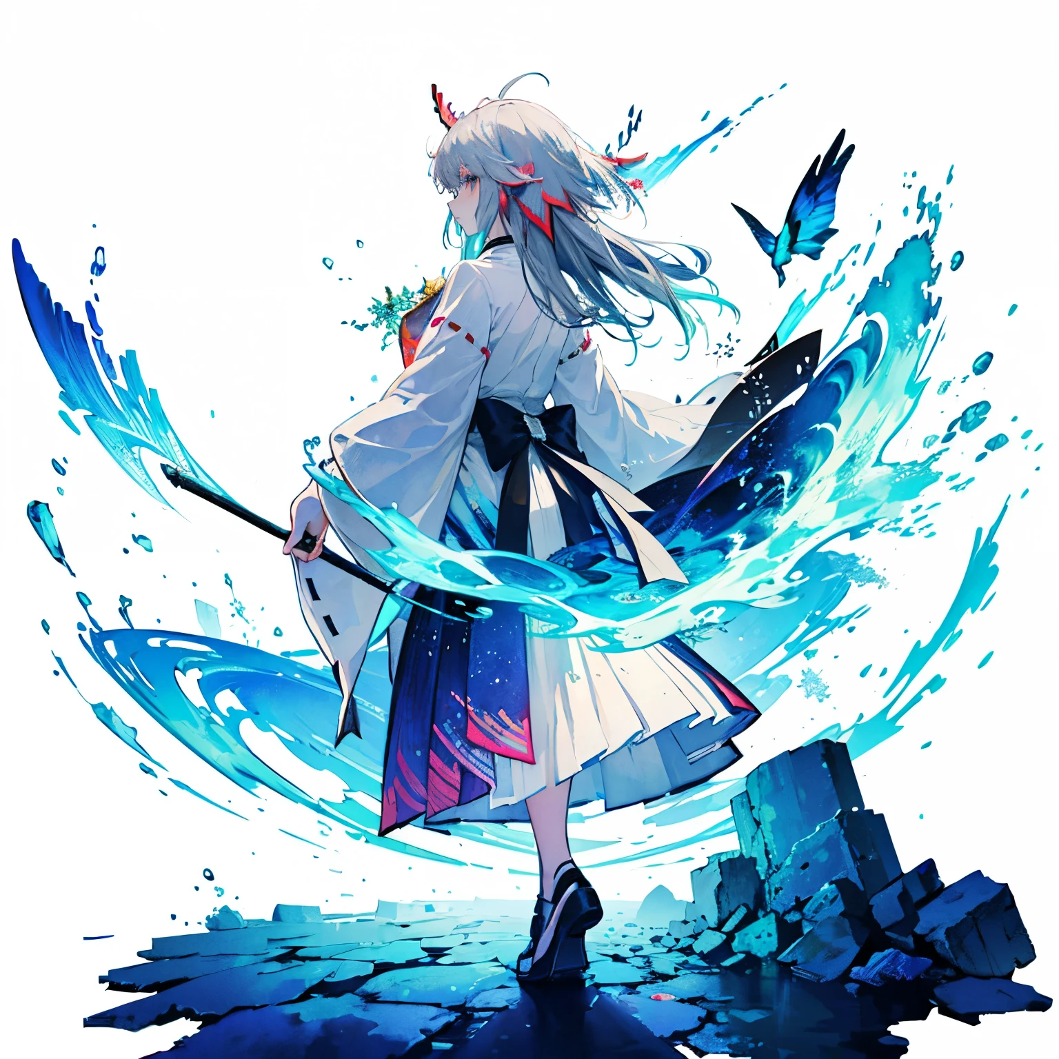 best quality,highly detailed,masterpiece,solo,watercolor_medium，from behind,back focus,looking at viewer,from above,,full body,1 ，simple background,,flat color, octane render,official art,Chinese style,miko,miko,grey_hair,ahoge,blunt_bangs,hime_cut,long_hair,aqua_eyes,loliasion,Silver mage robes，very long skirt，layered skirt,robe,looking to the side,looking away,