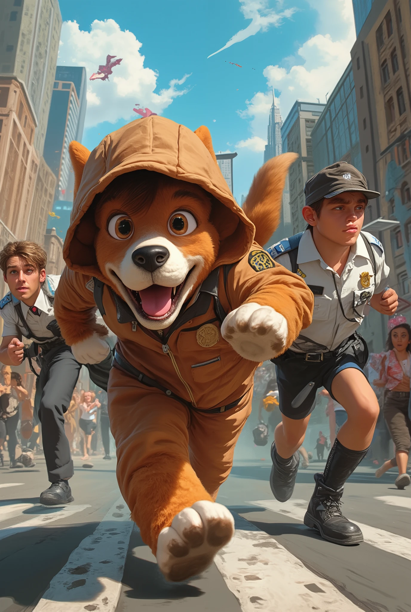 A detective in a dog costume is chasing the culprit with a police officer、 comical scene 