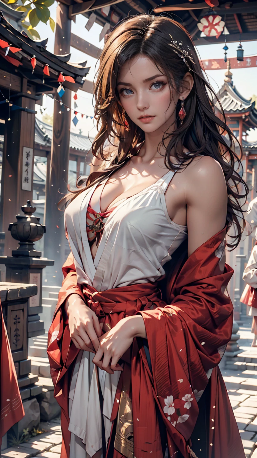 (masterpiece:1.2, best quality), (dinamic lighting) 1lady, solo, long hair, big breasts, hakama, red skirt, (shiny skin:1.2), upper body, torii, temple