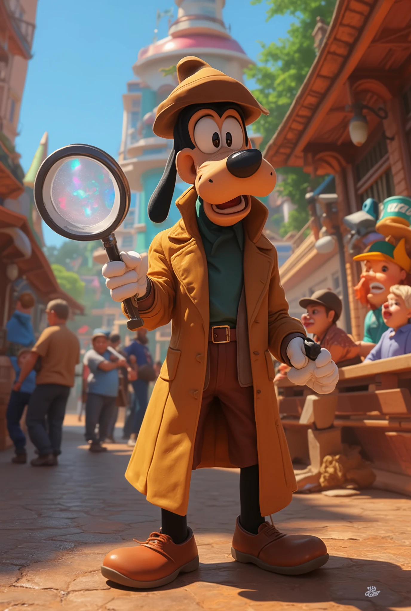 Disneyキャラクター、Goofy、探偵の格好をしたGoofy、 Disney、 comical scene