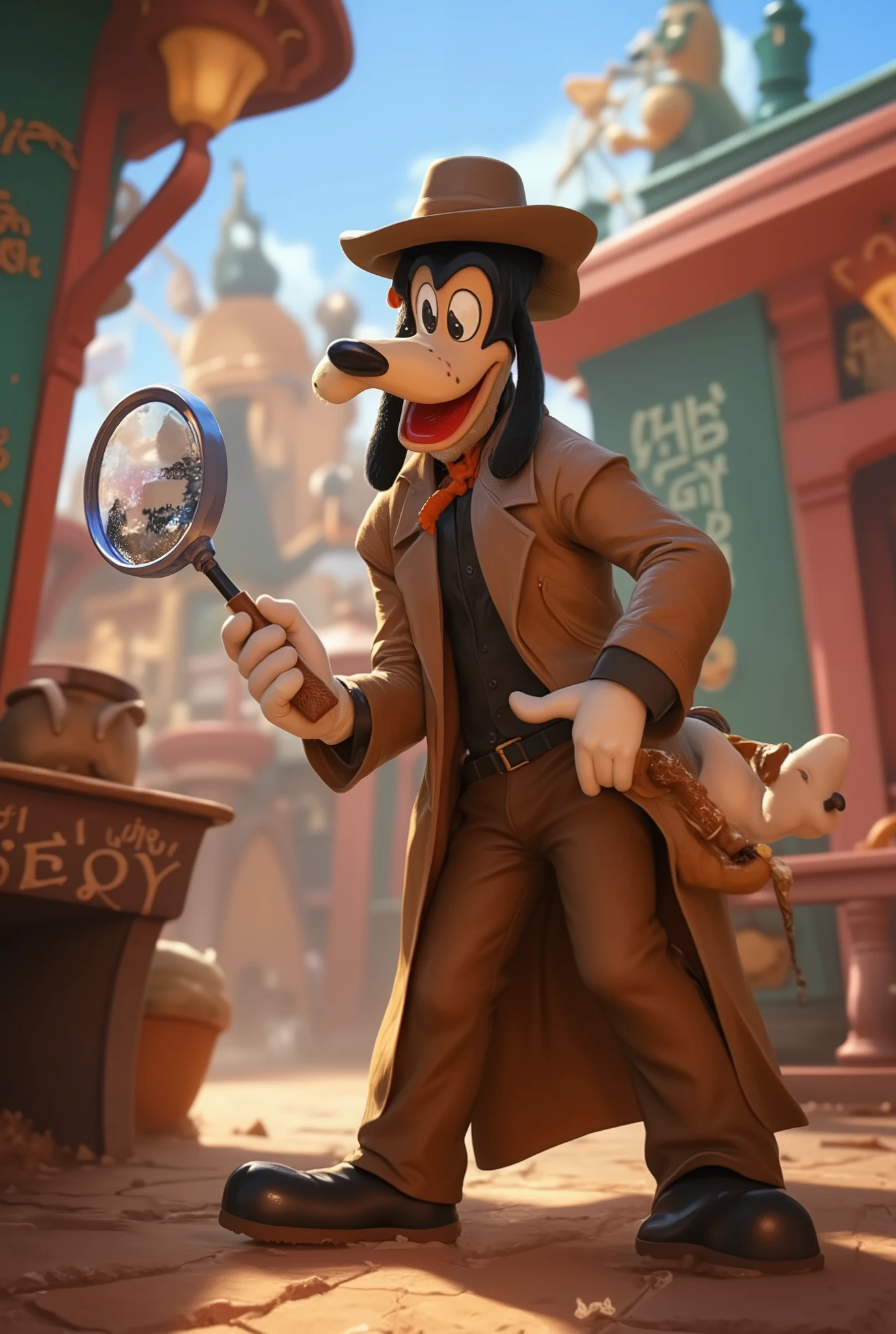  Disneyキャラクター、Goofy、探偵の格好をしたGoofy、 Disney、 comical scene 