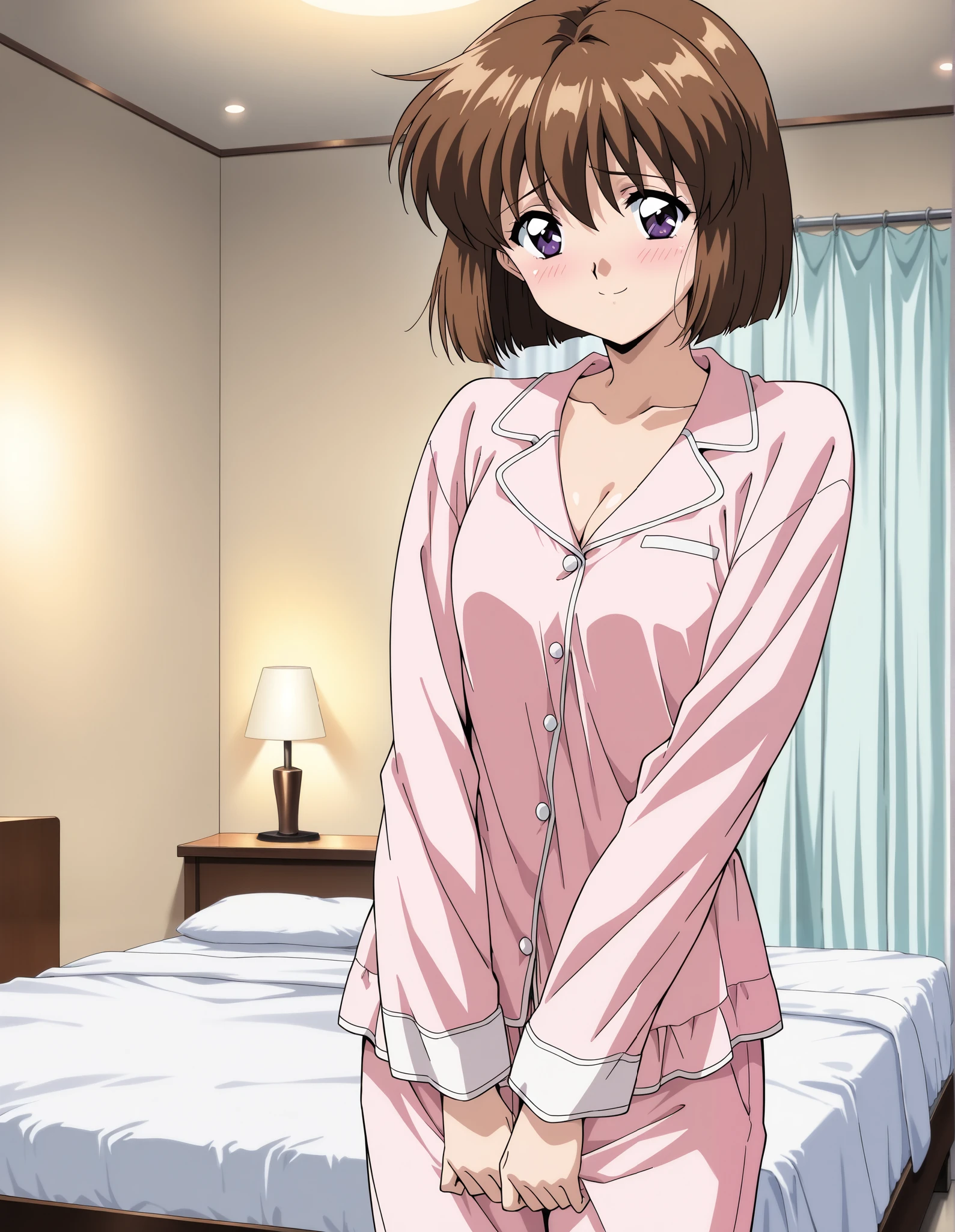 one girl, Alone, (cowboy shot), AMATSU _May,  Hair,  short hair,  purple eyes,  bob cut , bangs, 1990s \(style\),anime coloring,  Tiny Breasts , cleavage, ( cute pajamas for people in their thirties), (shy:1.1), (blush), (smile), ( Cute Poses ), bedroom, ( hotel),  score_9,  score_8_superior,  score_7_superior,  source_ anime, (best quality:1.2),  Masterpiece,  high quality, full color, 8k,  high res,  front light 