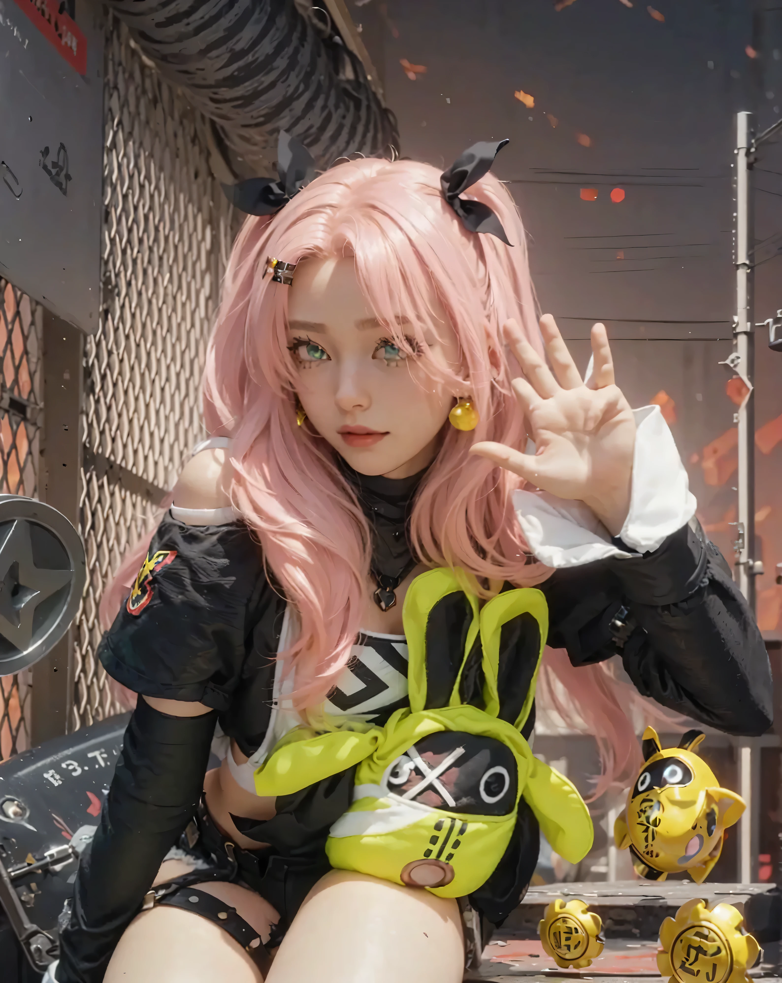 ((NICOLE DEMARA_ZENLESS ZONE ZERO)),((realistic, photorealistic)),(highlight hair)), Light reflection, (( HD )),((upper body)), (((best quality, masterpiece))), (masterpiece) (best quality) (detail) (8k) (HDR) (wallpaper) (cinematic lighting) (sharp focuasterpiece, best quality: 1.1), Real life adaption of this character, realistic outfit, realistic shadow, realistic light, realism, hyper realistic, realistic background,realistic hair,(photorealistic:1.2), (masterpiece: 1.2), (best quality: 1.3), (clear details: 1.3), ((((ultra-detailed)))), ((detailed eyes)), (extremely detailed face:1.4), (highly detailed eyelash:1.6), 1girl, nicole demara, tube top, single thighhigh, thigh strap, short shorts, cropped jacket, two side up, hair ribbon, hairclip, earrings, high belt, detached sleeves, doll, black collar, belt boots, single sock, looking at viewer, smile, open mouth, full body, arms up, jumping, midair, explosion, fire, depth of field mimoza \(96mimo414\), rei \(sanbonzakura\), mochi \(circle rin\), (rhasta, yonchan, watao, minaba hideo:0.95) masterpiece, best quality, amazing quality, very aesthetic, absurdres, newest, (scenery, volumetric lighting),nicoledemara, nicole demara, (green eyes:1.5), pink hair, hair ornament, hair ribbon, hairclip, long hair, mole, mole on breast, mole on thigh, mole under eye, two side up, ribbon, smirk, smile, open mouth, BREAK black footwear, black ribbon, black shorts, black socks, black thighhighs, boots, cleavage, crop top, earrings, jewelry, kneehighs, nail polish, necklace, o-ring, short shorts, shorts, single kneehigh, single sock, single thighhigh, socks, thigh strap, thighhighs, torn clothes,Wire fence background, afternoon, sitting position, golden bangboo, BREAK looking at viewer, (cowboy shot:1.5), BREAK (masterpiece:1.2), best quality, high resolution, unity 8k wallpaper, (illustration:0.8), (beautiful detailed eyes:1.6), extremely detailed face, perfect lighting, extremely detailed CG,Digital art,glow, (perfect hands)