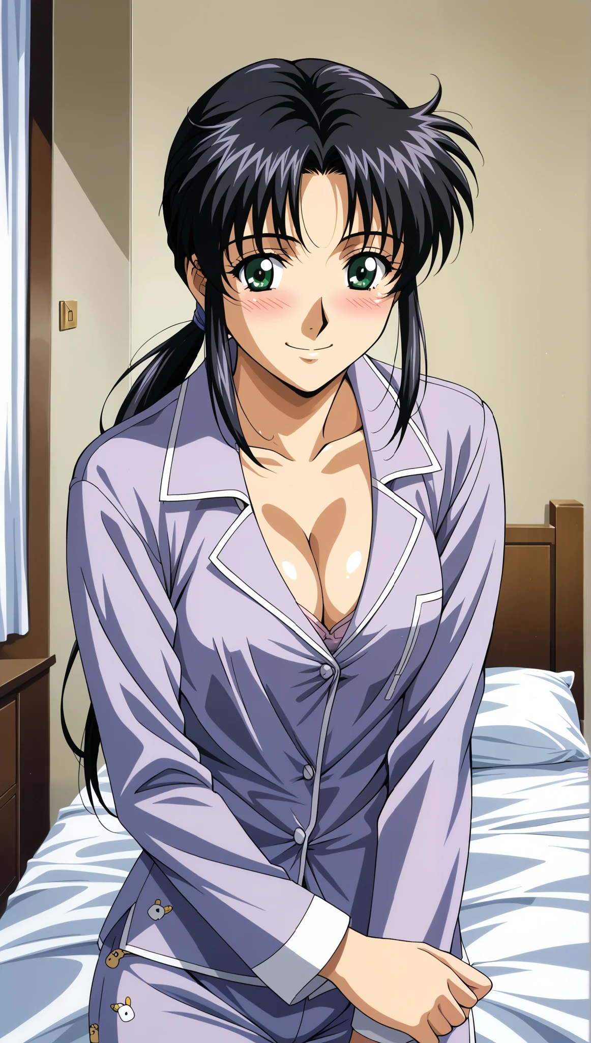 (Night: 1.7), Cyberpunk_CityView, Before Window, Sitting with care, sitting on the sofa, pink_white_short skirt, pink_white_shirt, red_hairband,Black hair, Long hair, Green eyes, Side hair, Straight, V bang, 1 girl, 20 years old, young woman, beautiful fingers, beautiful long legs, beautiful body, beautiful nose, Beautiful character design, perfect eyes, perfect face, look at the viewer, (innocent_big_eyes:1.0), (expressionless:1.3), NSFW, official art, highly detailed CG Unity 8k wallpaper, perfect lighting, colorful, Bright_Front_face_Lighting, (masterpiece: 1.0), (best quality: 1.0), Ultra High Resolution, 4K, Ultra Detail, Photo, 8K, HDR, Hi-Res, Absurdity: 1.2, Kodak portra 400, Film Grain, Blurry Background, Bokeh: 1.2, Lens Flare, (vibrant_color:1.2) (Beautiful, Large Breasts: 1.4), (Beautiful Face: 1.5), (Narrow Waist),