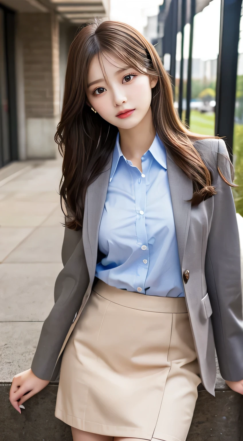 2 girls、 top quality, Masterpiece 、 actual photo 、The most beautiful girl in the world 、 Cute looks、 Slender 、 perfect beautiful face 、 perfect and beautiful eyes 、 perfect and beautiful double eyelids 、 Fashion Model 、 Cute looks、 light brown hair 、 high school 、( straight hair、 business suit、 skirt:1.3)