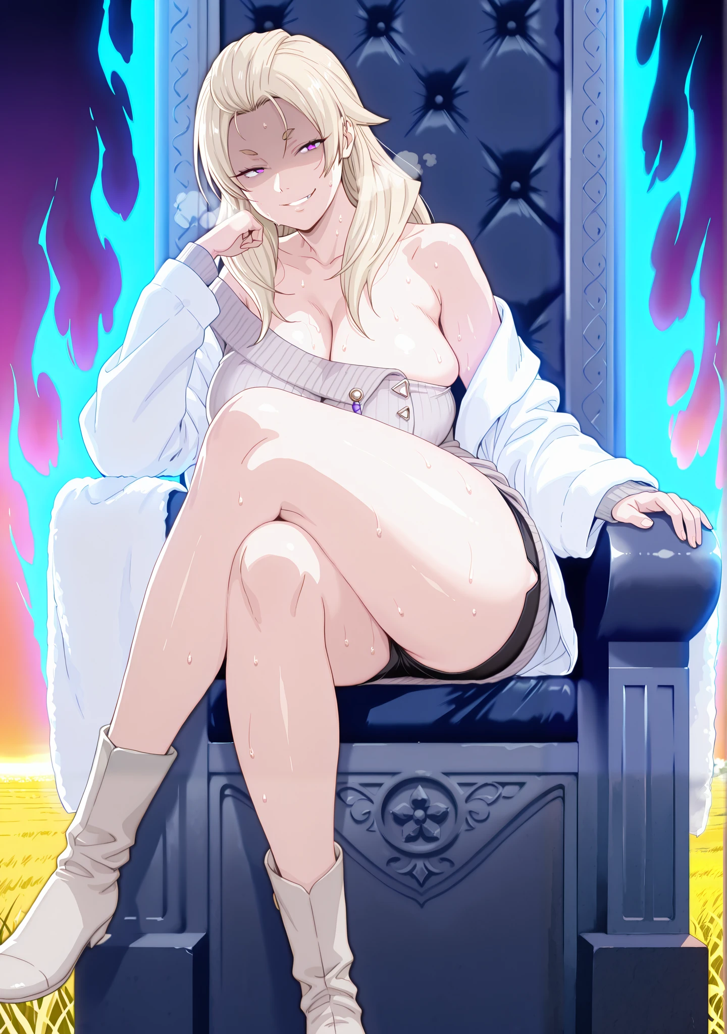 masterpiece, high quality, absurdres, best quality, very aesthetic, newest, anatomical correct, HD, 4K, digital art, trending on DeviantArt, gasping, heavy breathing, excessive sweating, sweating, sweating profusely, gasping profusely, cinematic, mananakiri, mature female, long hair, light-yellow hair, purple eyes, short eyebrows, big breasts, (buta-style), (voluptuous:1.3), (skindentation:1.2), 1girl, solo, crossed_legs, sitting, breasts, looking_at_viewer, smirk, shaded face, throne, field, dusk, (aura:1.2), white jacket, sweater dress, off shoulder, black shorts, 