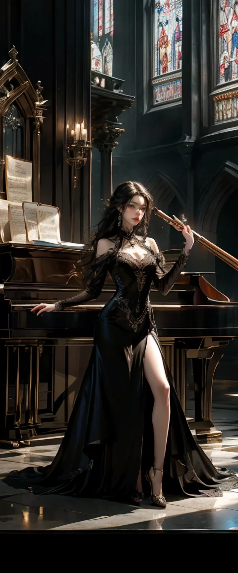 Empress of fire,medium black hair with red and black bangs,red color fringe lock,closed mouth,fat body,boredom expression,open eyes,black eye shadow,black eyeliner,black eye makeup,dark makeup,black latex clothing,sitting on a piano chair,playing piano,hand drawing,illustration, Art Nouveau