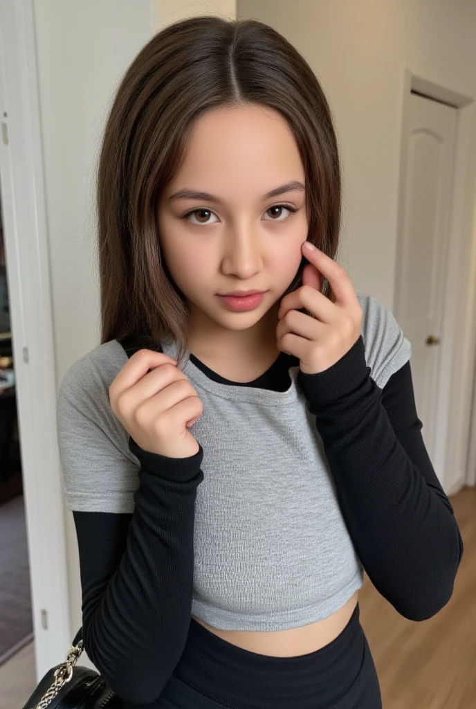 1 girl, selfie vestida como una puta, 21 years old, Brown hair , Short hair reaching shoulders, Gray eyes