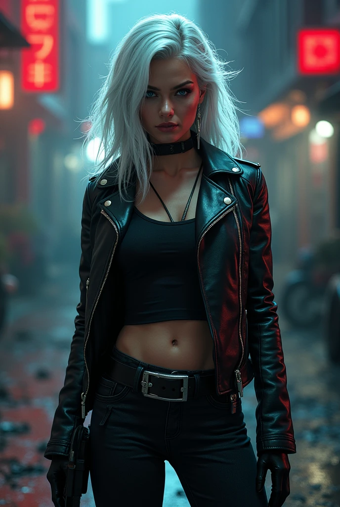 blond woman in black leather jacket and silver makeup posing, wearing cyberpunk leather jacket, jacket over bare torso, 2 b, 2b, cyborg - girl with silver hair, styled like ghost in the shell, dressed in short leather jacket, leather clothing, she wears leather jacket, nier inspired, cosplay on black harley queen, girl with short white hair