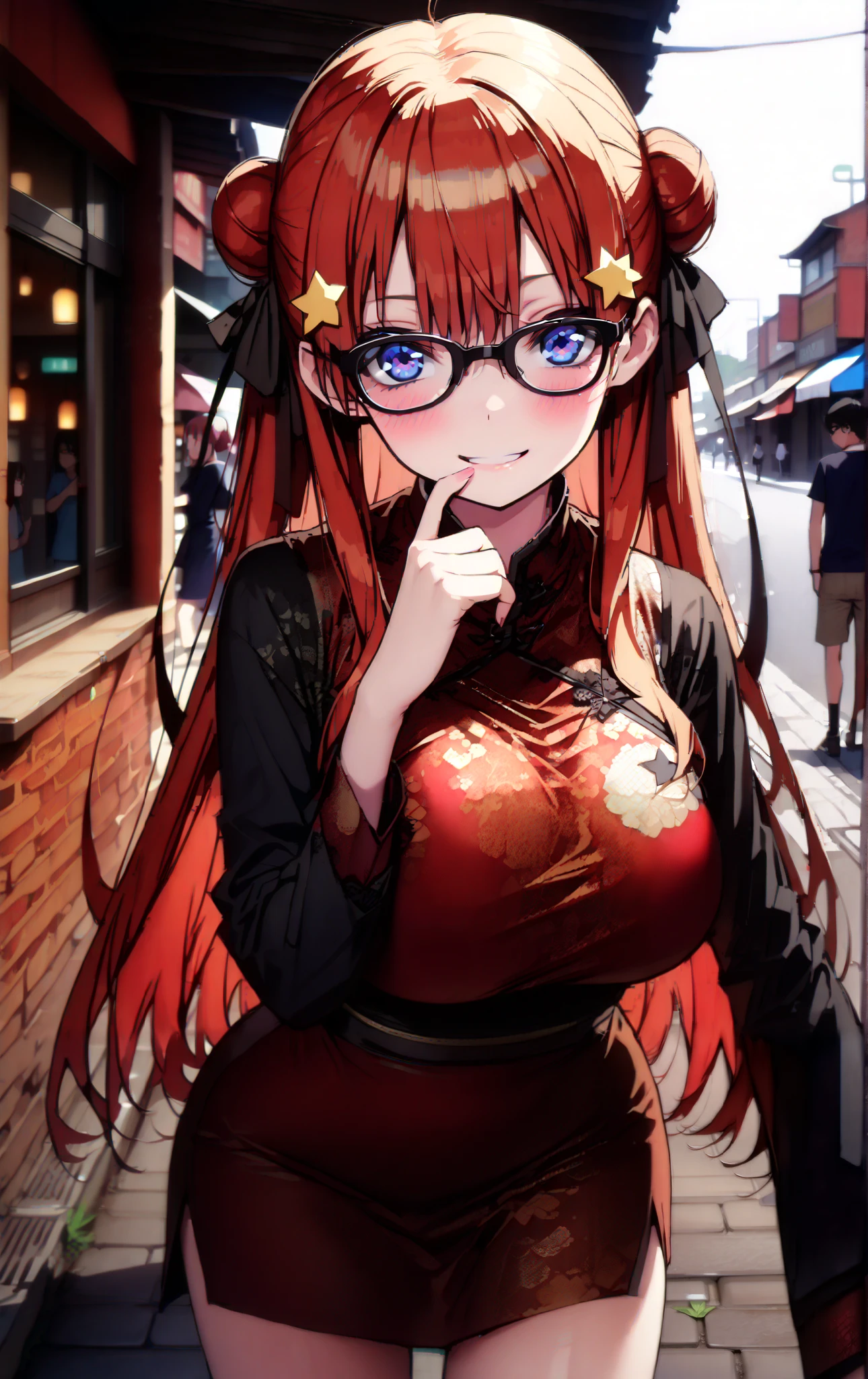 score_9, score_8_up, score_7_up, source_Anime, Nakano Mizuki , long hair, blue eyes, hair ornament, red hair, hair bun , star ( symbol ), Lick the boy's penis with half-framed glasses , glasses under the rim, star hair ornament, smile,blush,red china clothes,Big Breasts,Long slit,Bare legs, standing,noon,whole bodyがイラストに入るように,
break outdoors, Chinatown,
break looking at viewer,whole body,
break ( Masterpiece:1.2), top quality , kampala, Unity 8k Wallpaper,(shape:0.8),( fine, beautiful eyes :1.6),It's a person ,whole body写真,CG Details , ( perfect hands, Complete Anatomy),