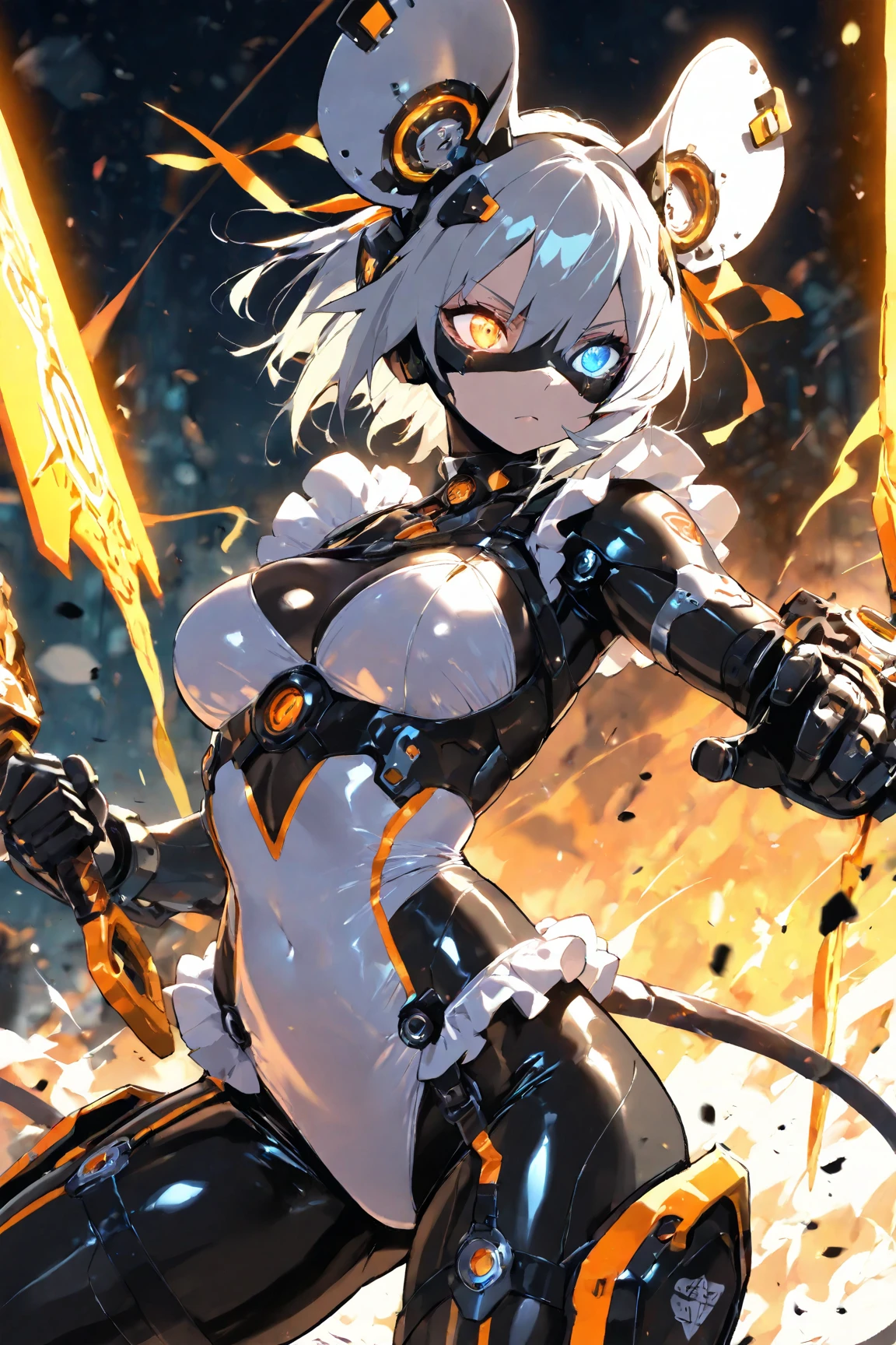 (((masterpiece))), Girl Robot, (loli:1.4), (Gamine:1.5), (Streamlined pure white body), (broken in places), (The skin is torn and complex machinery and cables are visible inside.:1.4), (Body on the verge of overheating and exploding:1.4), (A large amount of pale sparks, flames, and smoke spew out from the overheated body.:1.4), (A large amount of small parts fly off from the overheated body.:1.4), (Opening Mouth:1.3), (is crying:1.4), (Kneeling:1.3)