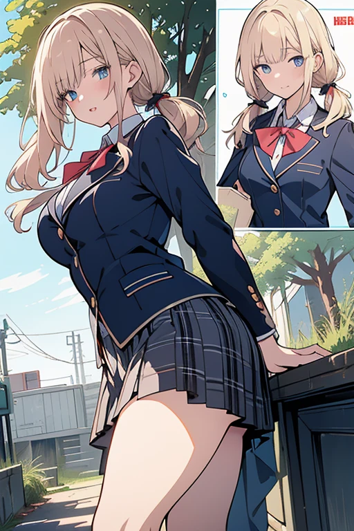 ((1 girl:1.5))、(smile:1.5)、small breasts、(cowboy shot)、(fun!!)、(白いcardigan:1.5)、(blonde)、blush、(single braid)、(eye highlights:1.3)、blake black shoes,(黒いskirt)、bow, button, shirt with collar, long sleeve, ((red bow tie, , black jacket, open jacket, cardigan, white shirt, 黒のskirt, チェック柄のskirt、white socks)),, shirt,, skirt, socks, thighs, white shirt, Rest indoors, ((classroom:1.5))、 BREAK while watching the audience、(skirtを掴む:1.0)、 (perfect hands, perfect anatomy),cowboy shot、(skirtlift:1.3),(highly detailed white panties:1.3)、(highly detailed panties:1.3)、、(skirt that rolls up:1.3)、(fully exposed panties:1.5)、blue eyes
