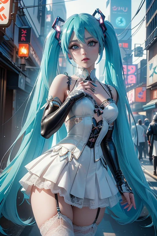 (La Highest quality,High resolution,Very detailed,Actual),Ariana Grande, chica anime Cosplay, anime Cosplay, (Hatsune MikuCosplay:1.4) , foto de Cosplay, Two white tails_gloves, Cosplay, Cute anime waifu in a nice dress, Long Hair Anime Girl, Anime Goddess, Cosplay elegante y glamoroso, Anime girl in maid outfit、More detailed 8K.Unreal Engine:1.4,High resolution,La Highest quality:1.4, Realistic:1.4, Skin Texture:1.4, masterpiece:1.8,masterpiece, Highest quality,Object Object], (Detailed facial features:1.3),(Correct Proportions)(Facial details: 1.5, Bright Blue Eyes, Beautiful Face, Cute eyes, Iris contour, thin唇: 1.5, thin, Sharp pale eyebrows, length, Thick eyelashes, Double Tab),,  (Cowboy Pose), ,( Cyberpunk 2.1), (Cute Costumes :1.4), Perfect hands: 1.5, (Perfect Anatomy), (Tokyo night alley background:1.4) 