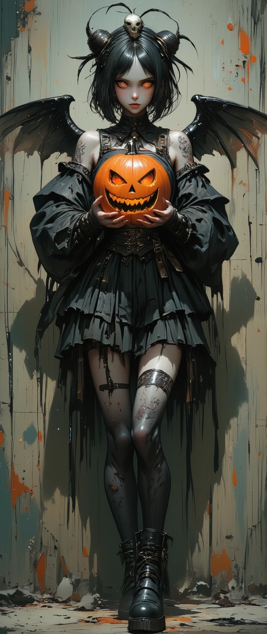 A young asthenic girl in a Gothic-style Halloween costume.Full-length image. Short black hair, cut exactly at chin level. Straight bangs. On top of the head is a small accessory in the form of a skull, decorated with a plume of dark ribbons. Pale skin and striking orange transparent eyes. eyes, Creepy clown makeup to accentuate his creepy appearance. Dark cropped top with straps, decorated with a pattern of small bones. Layered Puffy High-waisted Mini Skirt; Dark Patterned Stockings; Instead of sleeves, there are huge bulky balloon-like armbands with frills covering the hands. Behind the shoulders are small wings made of crow feathers. In her hands she holds a glowing carved pumpkin lantern with a sinister grin. The thin curved legs are crossed. Rough boots with thick soles. The textured background resembles a rough old concrete wall with peeling paint with barely noticeable dabs of orange paint. The overall color palette is dark, with shades of black, gray, and olive green, interspersed with bright orange pumpkins and some clothing details. The light is dramatic, the style is illustration and digital painting, with elements of Gothic and surrealism. High detail, clarity of textures and elements.A combination of fantasy and street style.