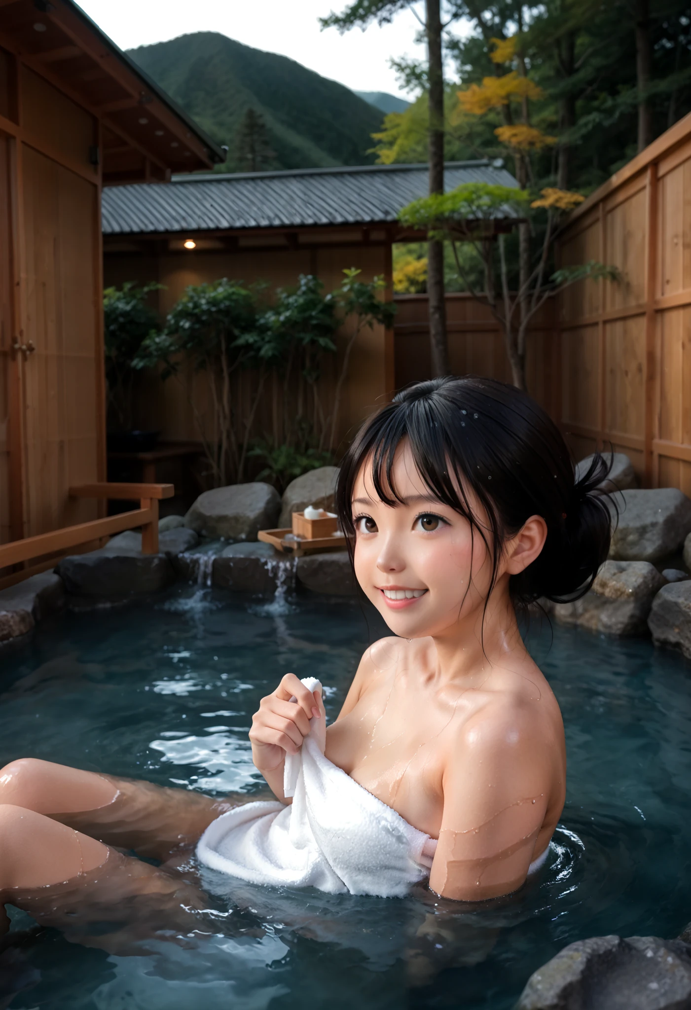 Korean cute girl  is sitting with legs open at onsen, laughing . Small breast , erect nipples, pink mouth, face make up, laughing , tall and slim body, cum, long hair braid , white skin , pink tits