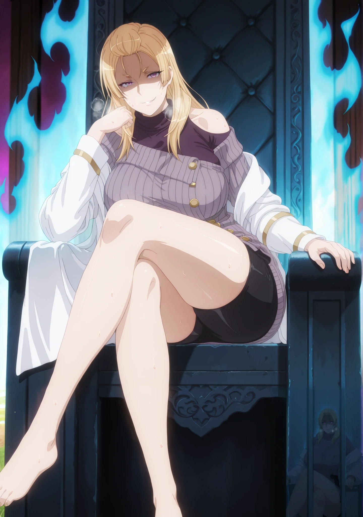 masterpiece, high quality, absurdres, best quality, very aesthetic, newest, anatomical correct, HD, 4K, digital art, trending on DeviantArt, gasping, heavy breathing, excessive sweating, sweating, sweating profusely, gasping profusely, cinematic, mananakiri, mature female, long hair, light-yellow hair, purple eyes, short eyebrows, big breasts, (buta-style), (voluptuous:1.3), (skindentation:1.2), 1girl, solo, crossed_legs, sitting, breasts, looking_at_viewer, smirk, shaded face, throne, field, dusk, (aura:1.2), white jacket, sweater dress, off shoulder, black shorts,