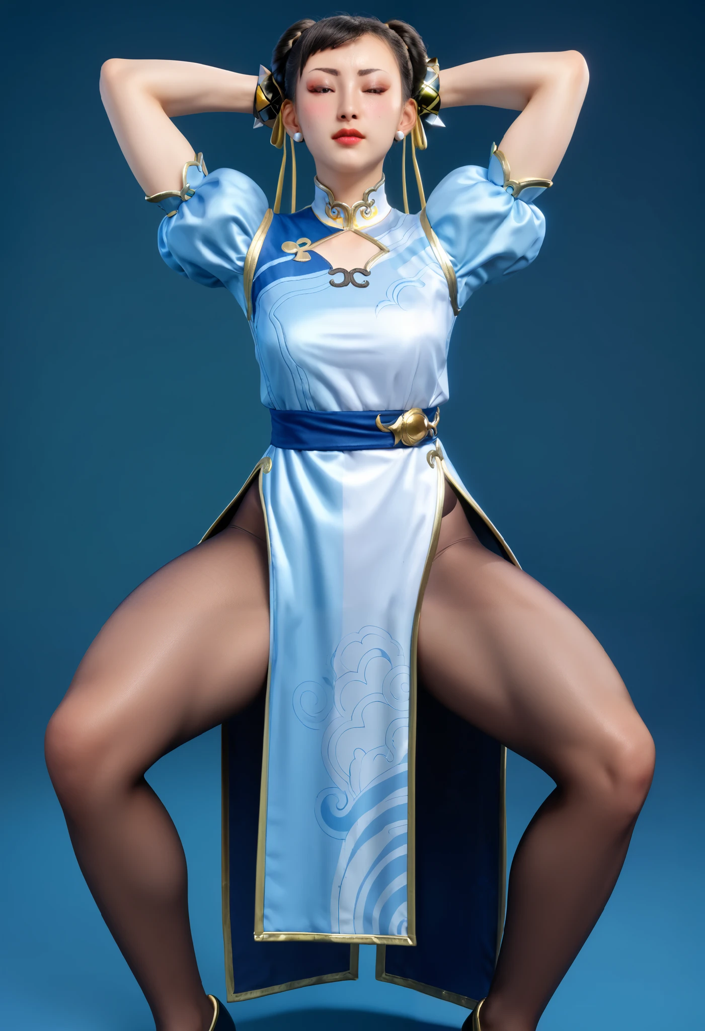 (high resolution, pixel perfect), (hyper quality, muste piece, etheric: 1.4), nsfw, (full_body), good hands, perfect hands,1girl, solo, chunliSDXL, short hair, black hair, dress, brown eyes, jewelry, short sleeves, pantyhose, earrings, puffy sleeves, hair bun, bracelet, puffy short sleeves, sash, double bun, makeup, chinese clothes, china dress, pelvic curtain, spikes, brown pantyhose,bun cover, spiked bracelet, ((bottomless)), (bowlegged pose, spread legs, standing), ((arms behind head)), ((Exquisite face, orgasm, blush)), ((((muscular_female))), gleaming skin, sweat, (simple_background),