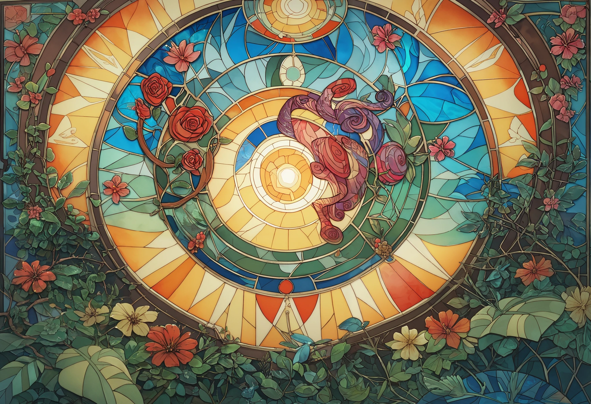 A vibrant and detailed stained glass artwork of a chameleon, intricately designed with colorful glass mosaic patterns. The chameleon is perched on a branch, surrounded by lush tropical leaves, with a warm, glowing sunset in the background. The stained glass effect enhances the vivid blues, greens, purples, and reds, creating a mesmerizing artistic composition. Light shines through the glass pieces, casting beautiful reflections and depth.