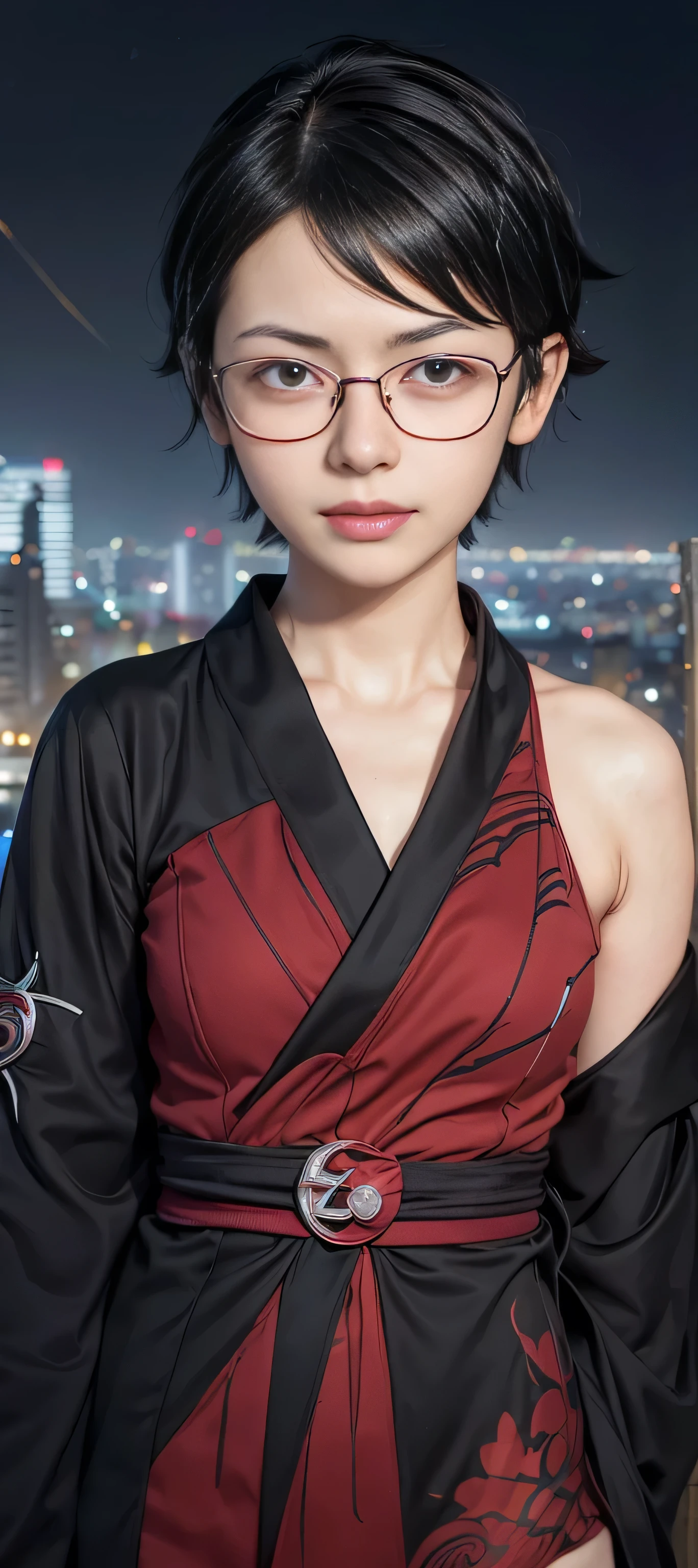 masterpiece, best quality, (realistic,photo-realistic:1.4), (RAW photo:1.2), extremely detailed CG unity 8k wallpaper, delicate and beautiful, amazing,finely detail, official art, absurdres, incredibly absurdres, huge filesize, ultra-detailed,extremely detailed eyes and face,light on face,sarada,(smirk:1.4),(black hair:1.4),(short hair:1.5),nature,sarada uchiha,(wearing black framed glasses:1.5),city background,(honkai impact outfit:1.5),night, kimono