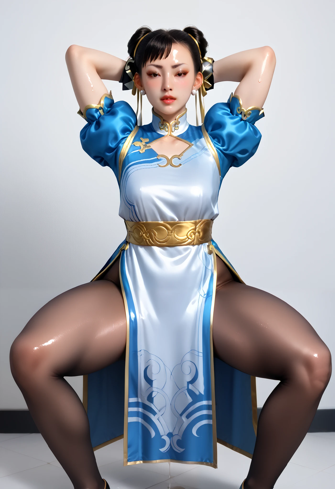 (high resolution, pixel perfect), (hyper quality, muste piece, etheric: 1.4), nsfw, (full_body), good hands, perfect hands,1girl, solo, chunliSDXL, short hair, black hair, dress, brown eyes, jewelry, short sleeves, pantyhose, earrings, puffy sleeves, hair bun, bracelet, puffy short sleeves, sash, double bun, makeup, chinese clothes, china dress, pelvic curtain, spikes, brown pantyhose,bun cover, spiked bracelet, ((bottomless)), (bowlegged pose, spread legs, standing), ((arms behind head)), ((Exquisite face, orgasm, blush)), ((((muscular_female))), Shiny skin, sweat, (simple_background),