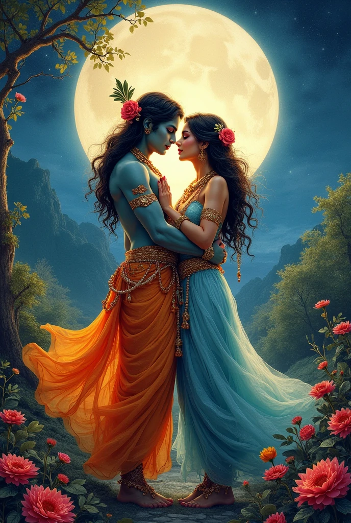 Canvas colourful images of radha krishna with Full round moon