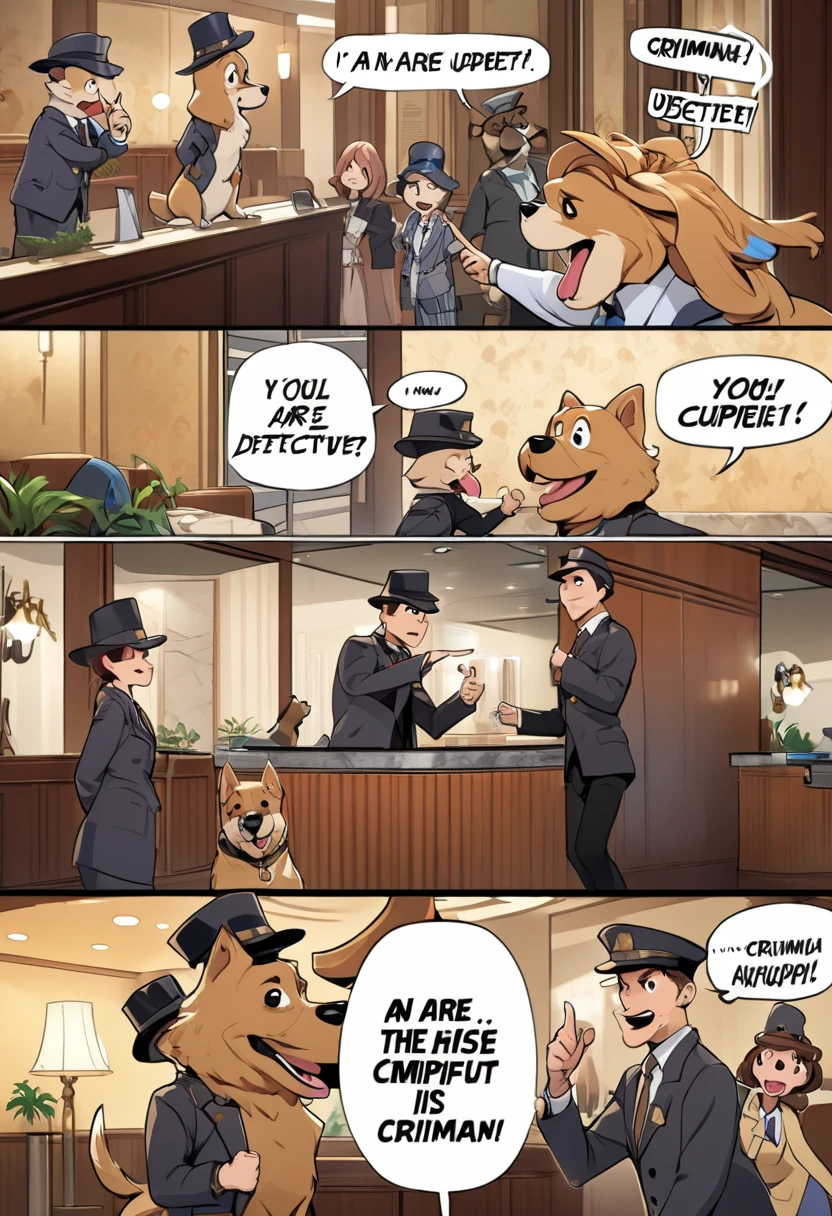 Animation, Comical, Artwork, 8K quality, Theme: "Dog Detective", An anthropomorphic dog is showing off his criminal skills in a hotel lobby, pointing his index finger at a beautiful woman, and the dog detective is pleased with his catchphrase: "You are the culprit!". A funny scene.
