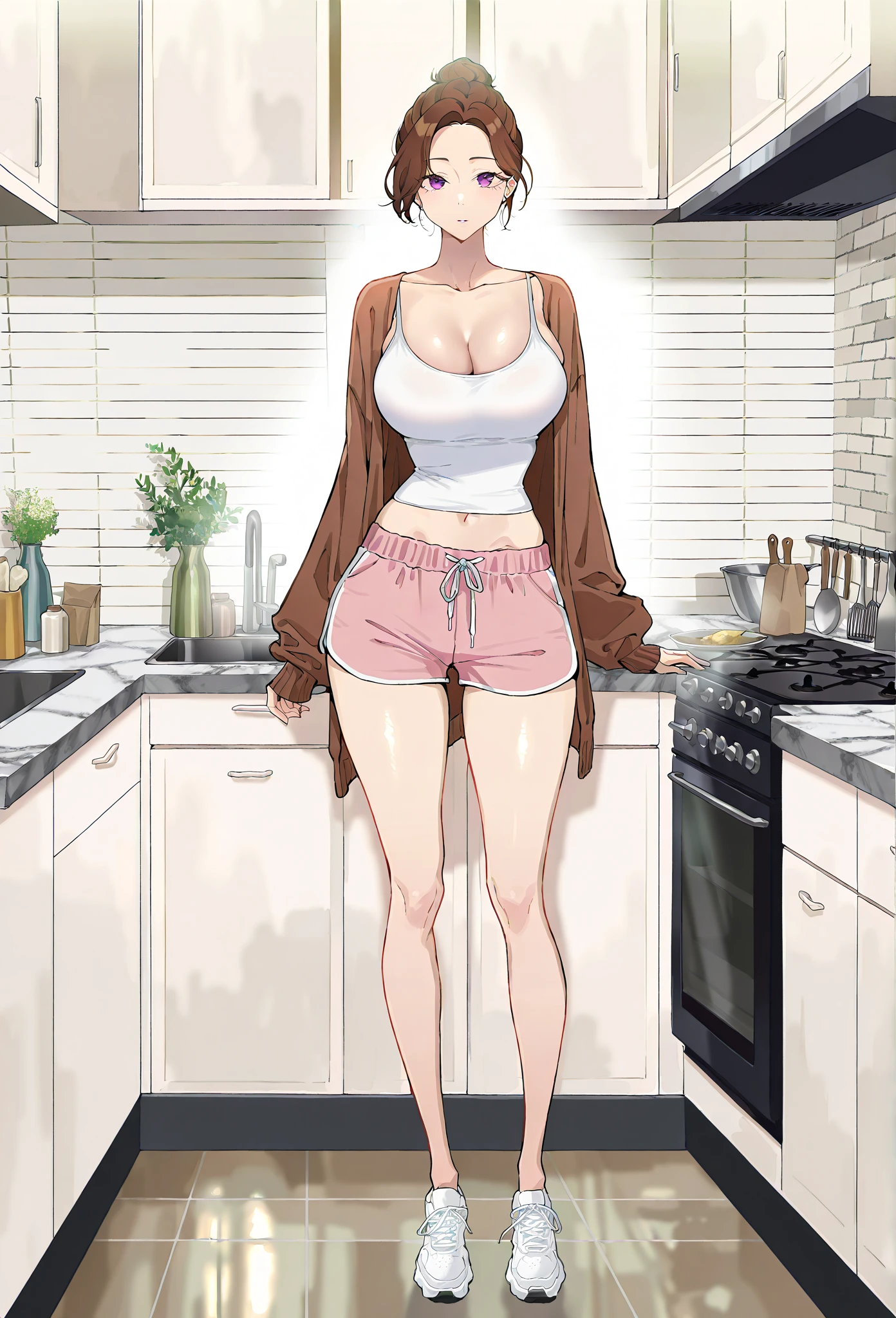beautiful girl, long black hair, bangs, rounder face, droopy nose tip, small round red lips, round cheeks, intense dark round asian eyes, beauty spot above eyes, average body, chubby legs, soft stomach, short body height, flat body, ((full body)), ((nude)), barefoot, standing in kitchen