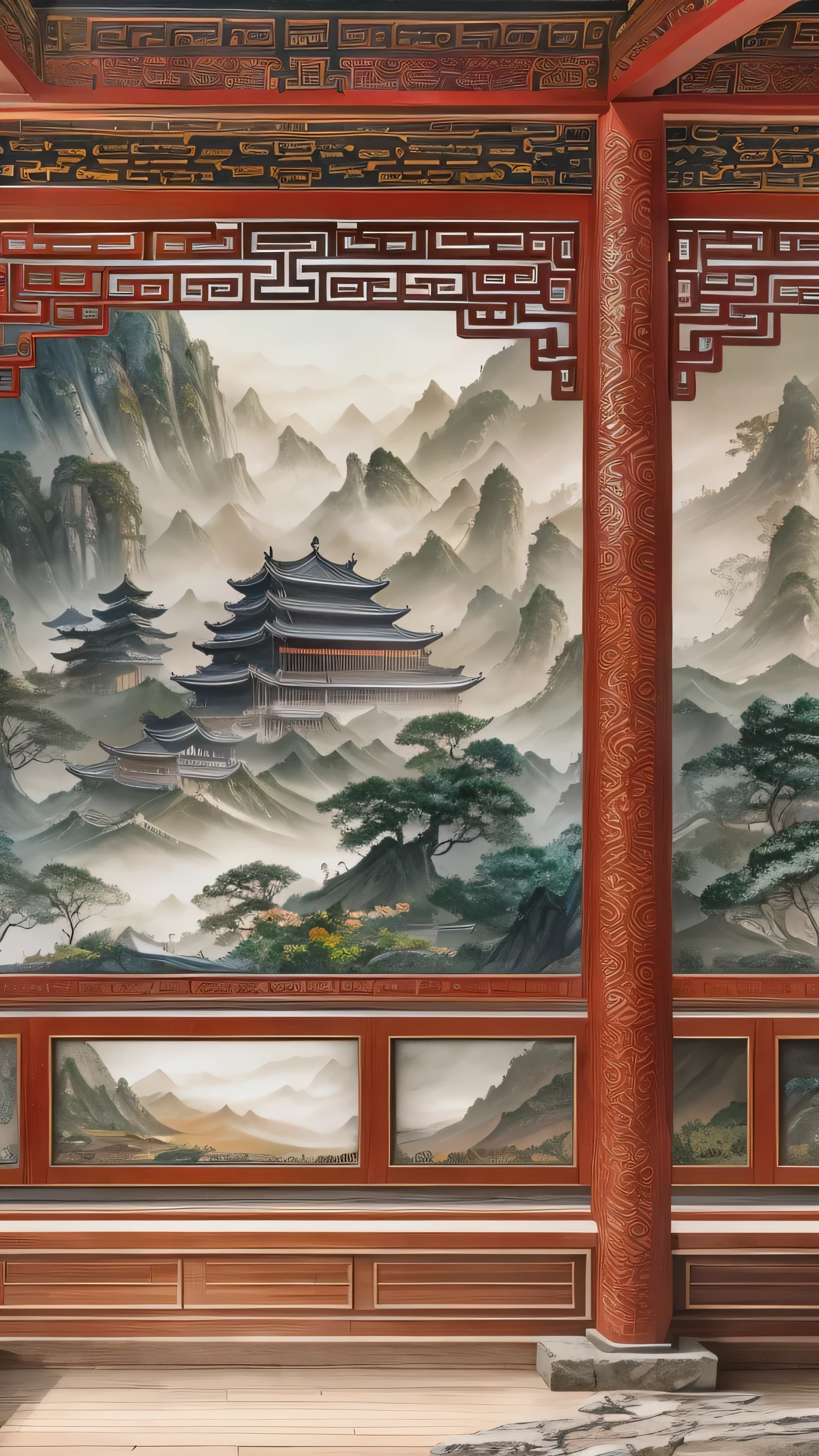 Panoramic Paintings , epic ink painting, You Can't Believe How Beautiful They Are , Exquisite Interior Decor , Depth of field effect , Imaginative, fantasy, High End Color Matching , a hall of ancient Chinese architecture , Spectacular , Four Corners, 16k