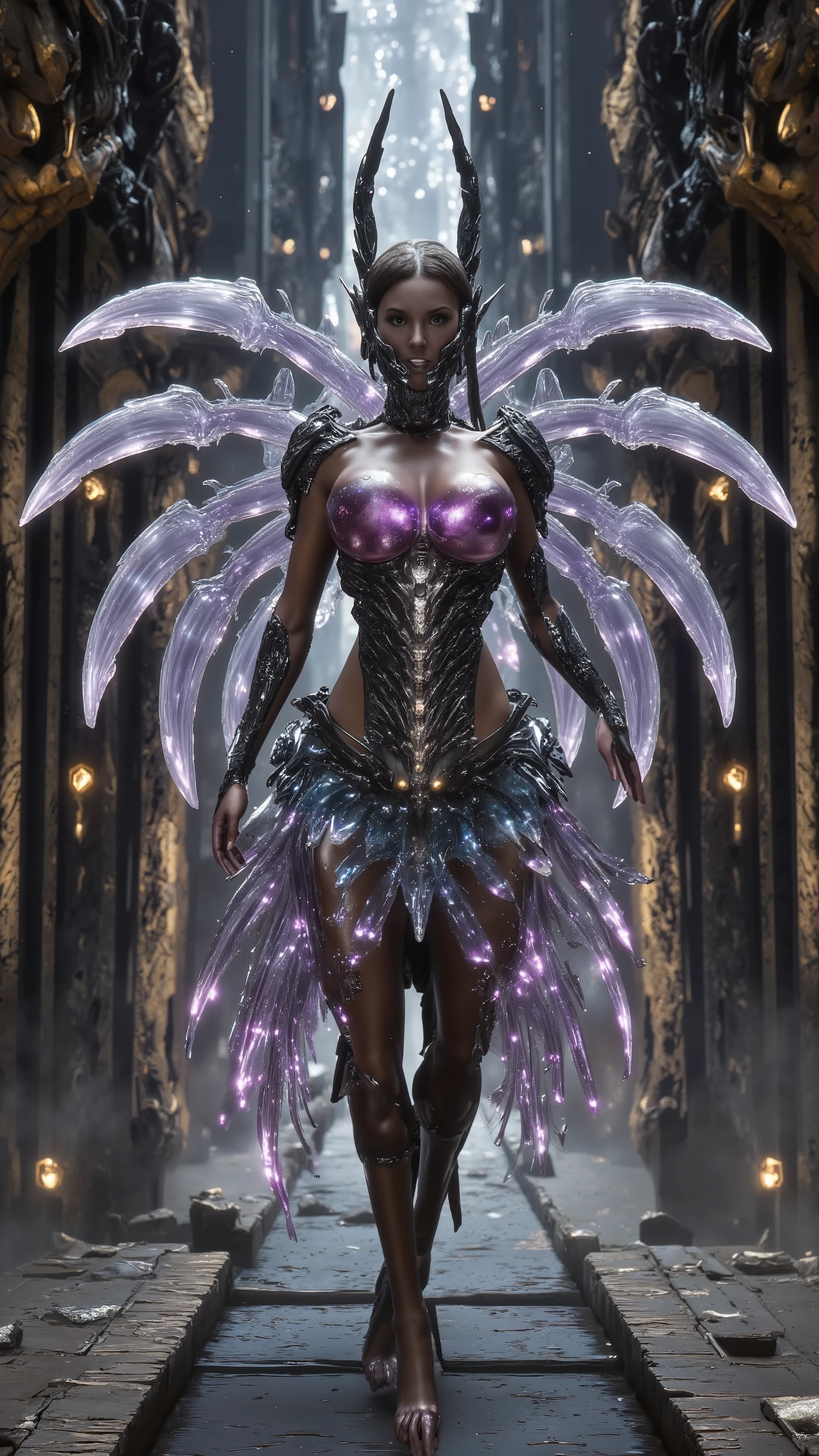 (Master quality:2.0) ( ultra-fine detail :2.0) ( neo-baroque architecture ) mythical cyber centaur queen , antimatter horseshoe ,Superstring Mane, dynamic nebula cape ,12K grade skin ( subsurface scattering of subcutaneous nebula ), quantum topology , fractal crystal wing 。 material system : liquid metal etching texture , empty mountain base style curved surface , non-Quak-gum plasma dress Kinetic , photon tunneling stockings , quak-gum plasma dress , holographic scaly armor projection 。 optical configuration : unreal engine-level global lighting , cinematic volumetric fog effect , HDR quantum tracking , dynamic edge light emphasis (1.8), iridescent sweat refraction system , miniature nebula pupil 。Scene architecture: superconductivity Dimensional Sanctuary with lots of crystals , contains quantum entangled column array ( neo-baroque mechanical relief )、 floating tower of the Ming Dynasty ( gas circuit integration )、 multi-layer holographic curtain wall ( ultra-realistic material Render )。 character matrix :① 中枢体- supergiant jelly chest (1.8) with fractal bark texture dress and Klein bottleneck accessory ;② 左前卫- Photon tunnels pass through the knee socks (1.7) combined with magnetic levitation skirt and Starwood chalcedony implant ; ③ right rear - holographic scale armor integrates quark cape and dragon scale defense Matrix ; ④ Suspended Body - Time Expansion Posture with Entangled Photon Veil and Dimensional Pedestal ; ⑤ Mechanical Muse - Liquid Metal Skin Integrated Fibonacci Hair Braids and Adaptive Camouflage Field。Physics engine: subsurface scattering - nebula light effect SSS 5 .0, cloth simulation - non-Newtonian fluid MAX protocol , motion system - four-axis dynamic blur and hairline quantum entanglement 。Control parameters:--with 9:16 -- at 6.0 --style raw --chaos 45 --stylize 1080, additional control bone depth dynamic segmentation and dynamic capture frame SDxL 6 . 0 depth optimization 。 preserve full weight factor : dynamic edge light emphasis (1.8)、 Photon tunnels pass through the knee socks (1.7)、 supergiant jelly chest (1.8) and other parameters fully coded 。 technical points including quantum topological binding 、 gas circuit integration 协议、 12K level subsurface scattering light tracking algorithm 。