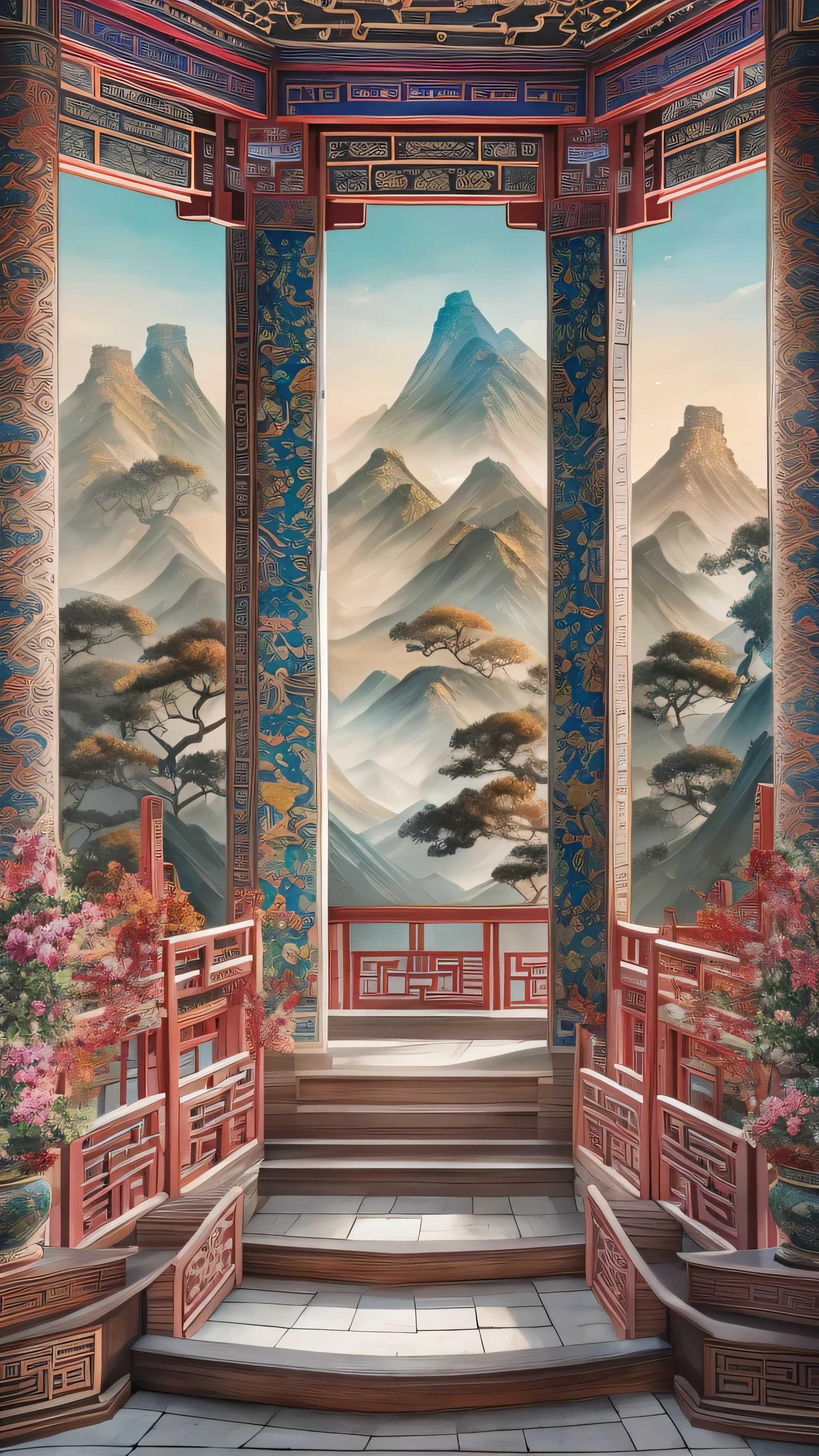 Panoramic Paintings , epic ink painting, You Can't Believe How Beautiful They Are , Exquisite Interior Decor , Depth of field effect , Imaginative, fantasy, High End Color Matching , a hall of ancient Chinese architecture , Spectacular , Four Corners, 16k