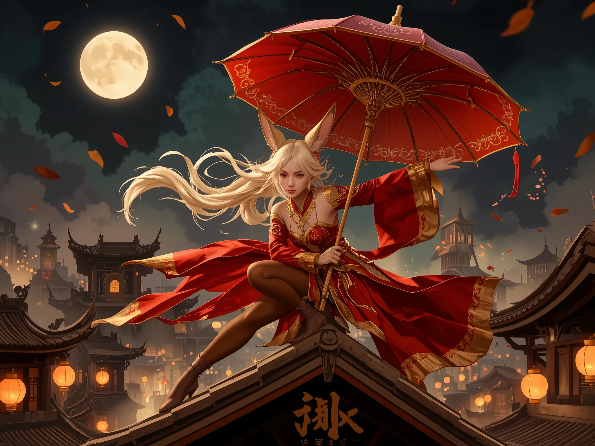 Under the shroud of night, Arli glides across the rooftops of Chang’an, her crimson and gold attire blending into the glowing lantern-lit skyline. Her parasol, once a mere stage prop, now serves as both a weapon and a shield, its reinforced frame glinting under the moonlight. She crouches low, fox-like ears twitching at the sounds of a secret meeting below—a gathering of corrupt officials exchanging bribes and dangerous secrets. Her piercing red eyes analyze every movement as she prepares to strike, her long platinum-blonde hair flowing behind her like silk in the wind. The scent of autumn leaves fills the air, signaling the beginning of another silent mission.