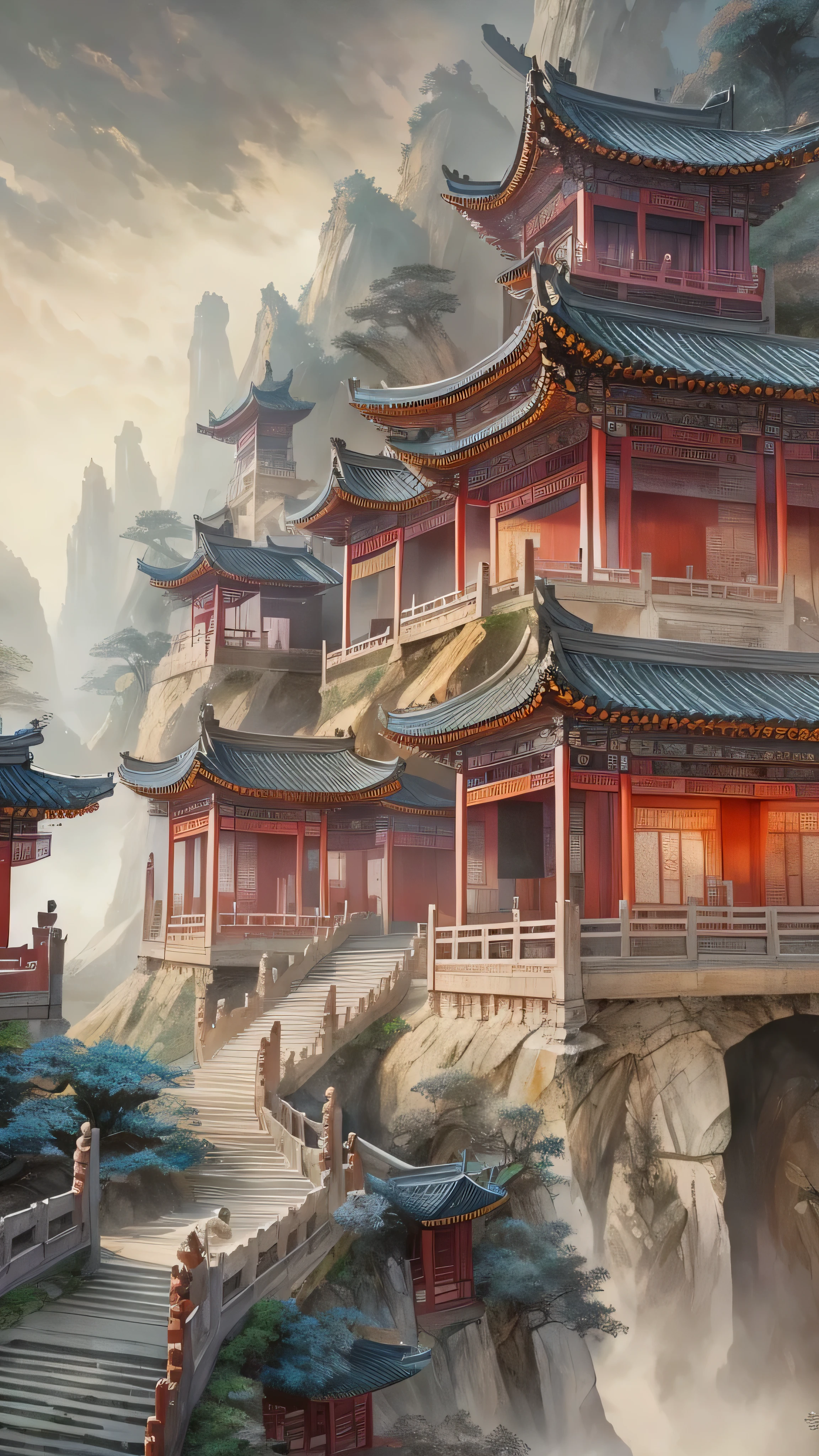 Panoramic Paintings , epic ink painting, You Can't Believe How Beautiful They Are , Exquisite Interior Decor , Depth of field effect , Imaginative, fantasy, High End Color Matching , a hall of ancient Chinese architecture , Spectacular , Four Corners, 16k