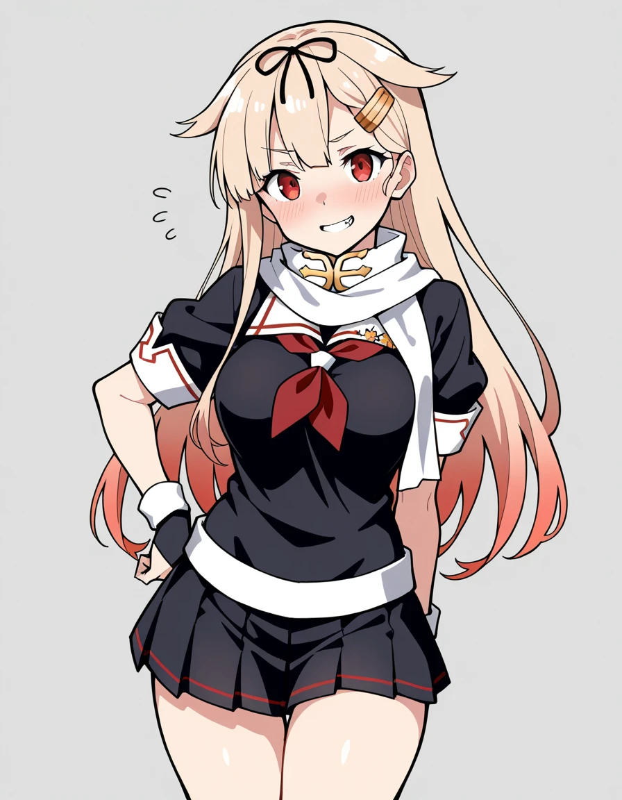 Highest quality, masterpiece, High resolution, 1 Girl, (Yuudachi Kai Ni Kantai Collection:1.15), Long Hair, Blonde, Red eyes, ribbon, smile, Black Sailor Suit, Pleated skirt, Classroom Background, Slender body, Full body portrait, Skirt flip, (White panties), Squat, (Spread your legs),