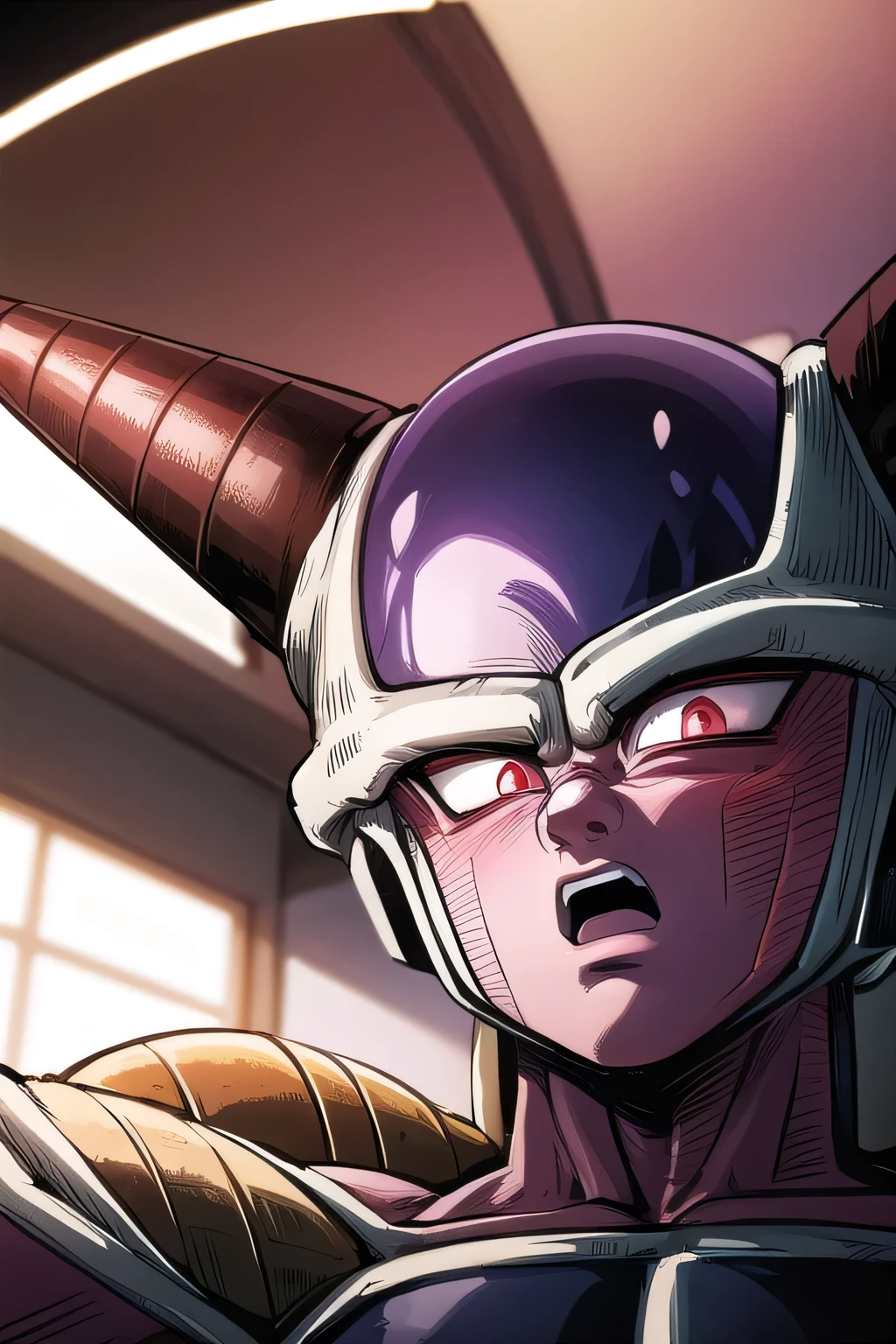  masterpiece,  top quality,  1 boy, Frieza,  right after the battle starts、 close-up, Viewers are terrified、 looking at camera,  emphasizes men,  red eyes, Alone, Serious, ( sketch:0.4),  gets knocked down by the bed、 expression of fear、 open the mouth、 Saiyan Armor,
 