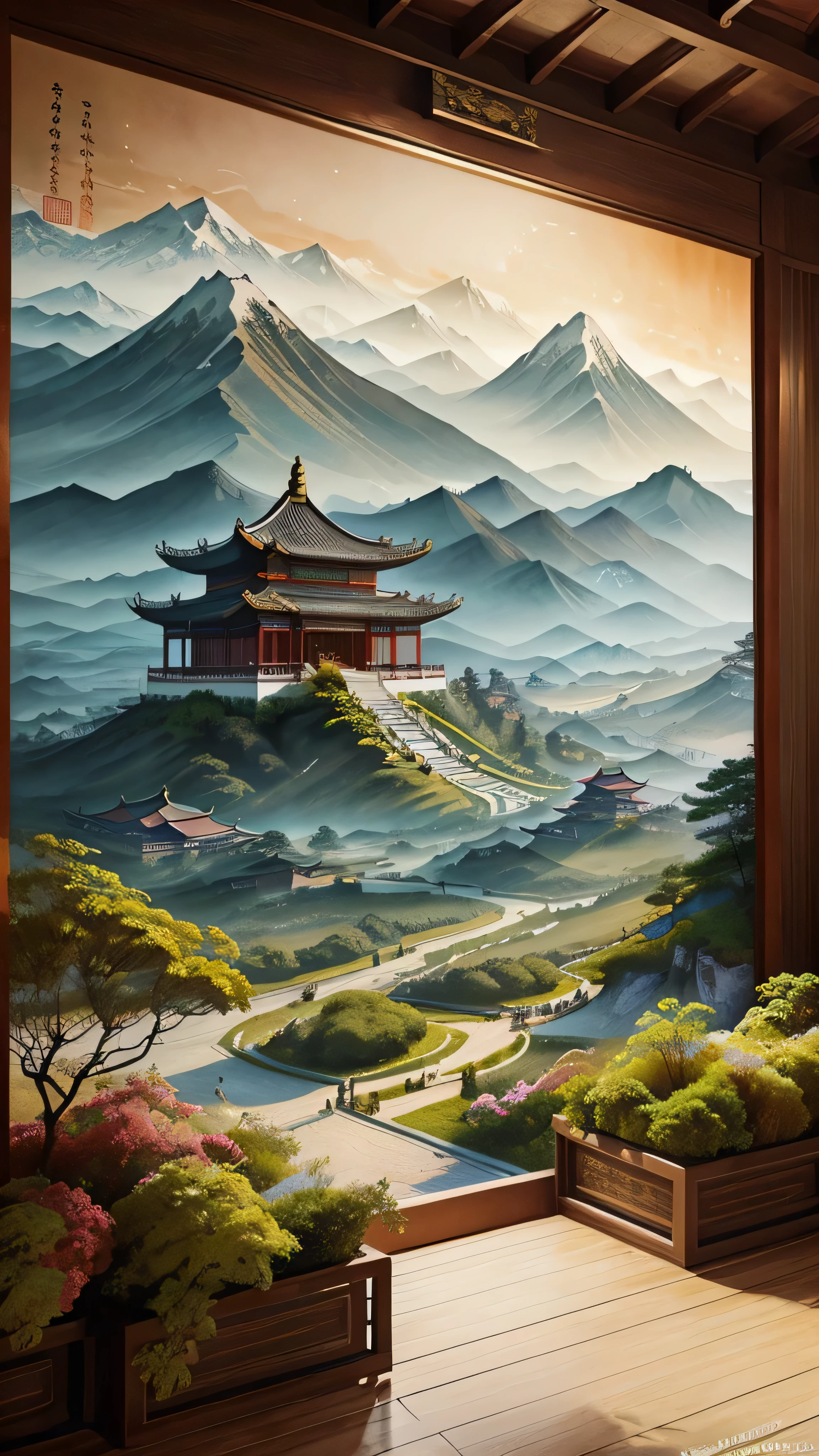 in high-definition images、Ink Painting Panoramic Paintings  、 epic ink painting 、  You Won't Believe How Beautiful They Are 、  Exquisite Interior Decor  、  depth of field effects  、 Imaginative、 fantasy、 High End Color Matching  、 a hall of ancient Chinese architecture 、 Spectacular 、 four corners 、 16k