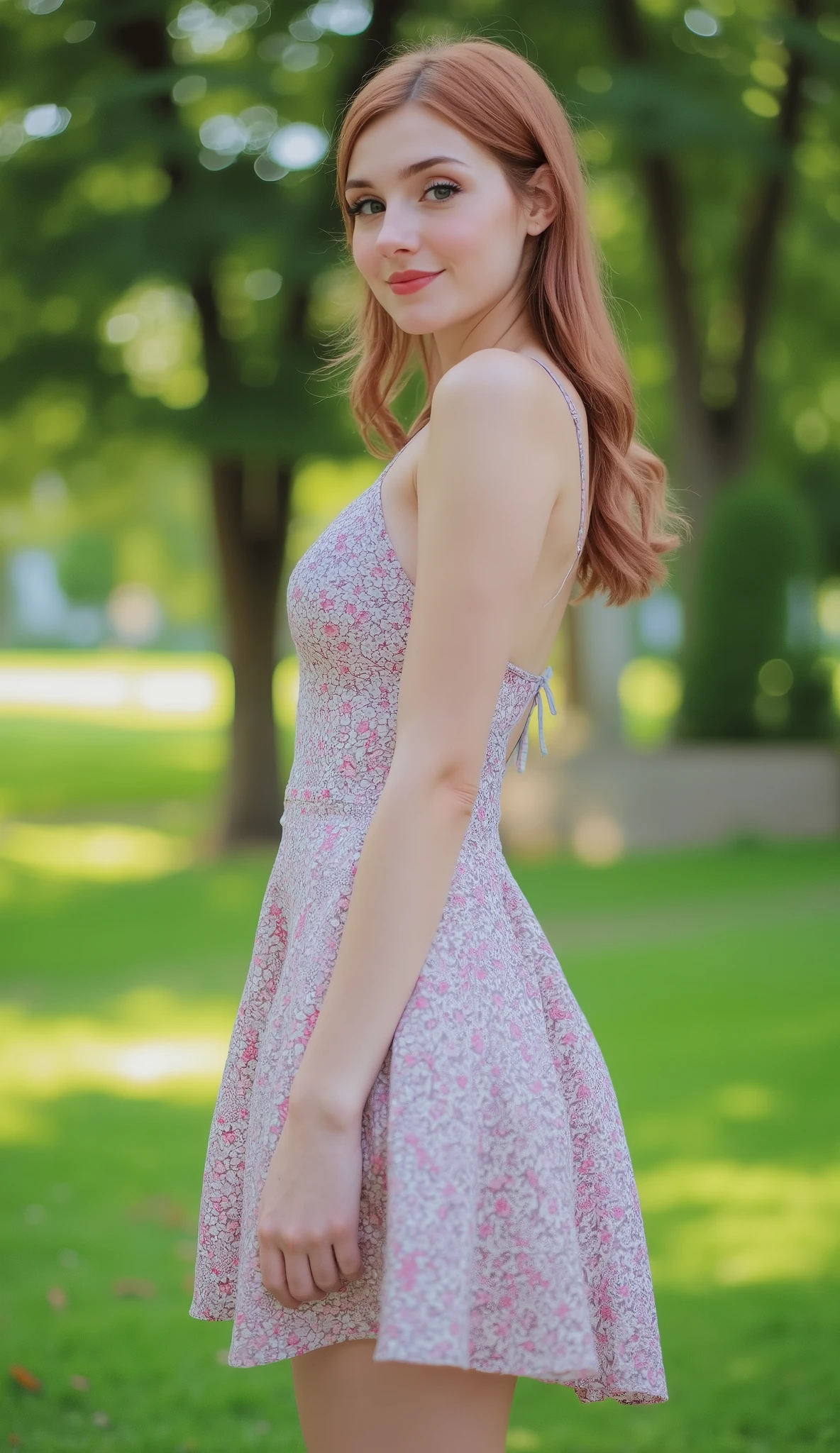 beautiful girl , perfect figure, 's beautiful detailed face, Blue eyes, smile, beautiful gentle hands, five fingers , beautiful slender legs, summer dress with a slit, in the park, Very detailed, high detail, best quality, High definition