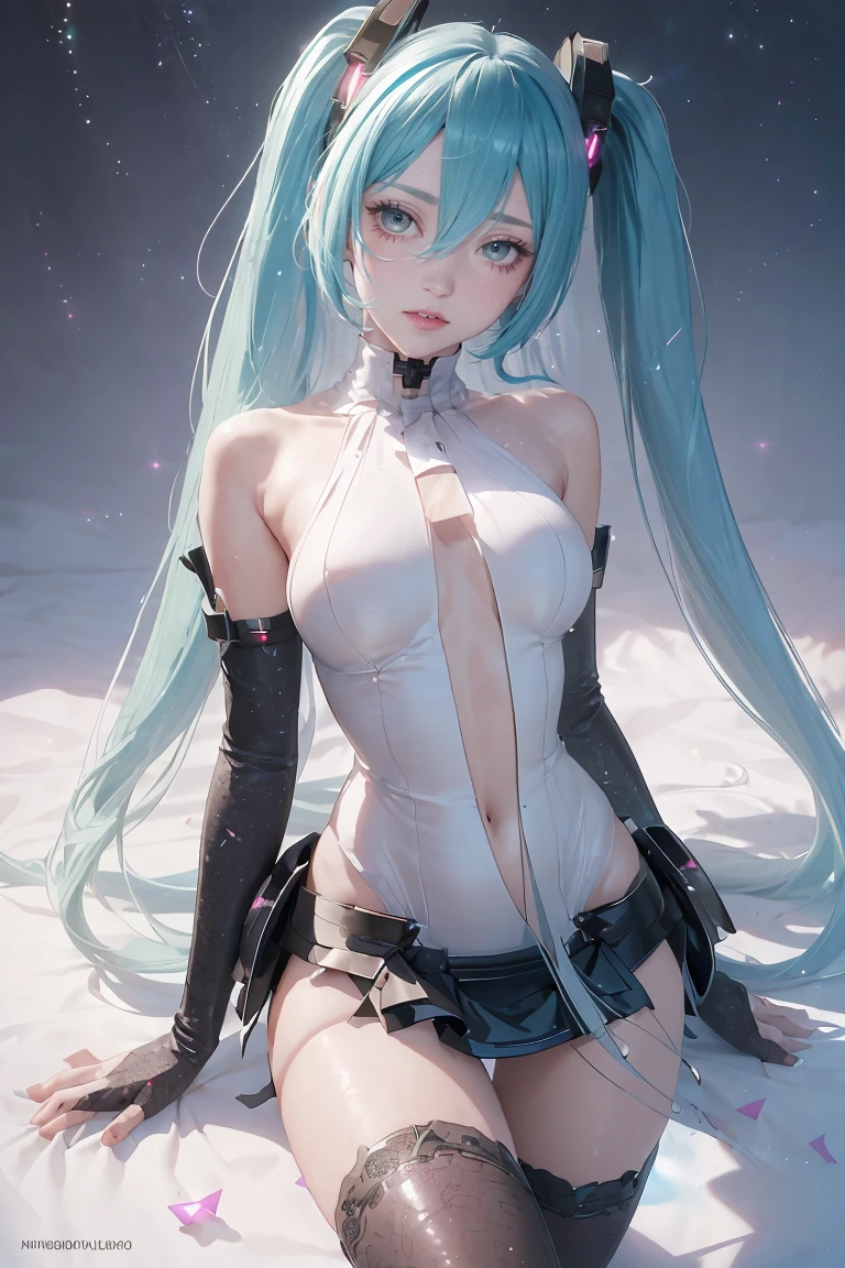 (((obra maestra))), 1chica, hatsune miku, vocaliid, Super detailed, cara hiperrealista, (flirtatious expression), leotardo azul, guantes rosas, orejas de gato luminiscentes, ((super cute face)), ((cara angelical)), ((Incredibly beautiful eyes)), (ojos luminosos), (cuerpo completo), botas rosas, (cabello luminoso), Super sexy hair, (manos delicadas y perfectas), (Perfect anatomy), Super delicate and sexy body, Pose sexy, ((ulzzang)), (Super thin face), Delicate features, ultra detalladas, mejor calidad, Cinematic lighting, belleza cautivadora, mirada sexy, fondo bonito de estrellas