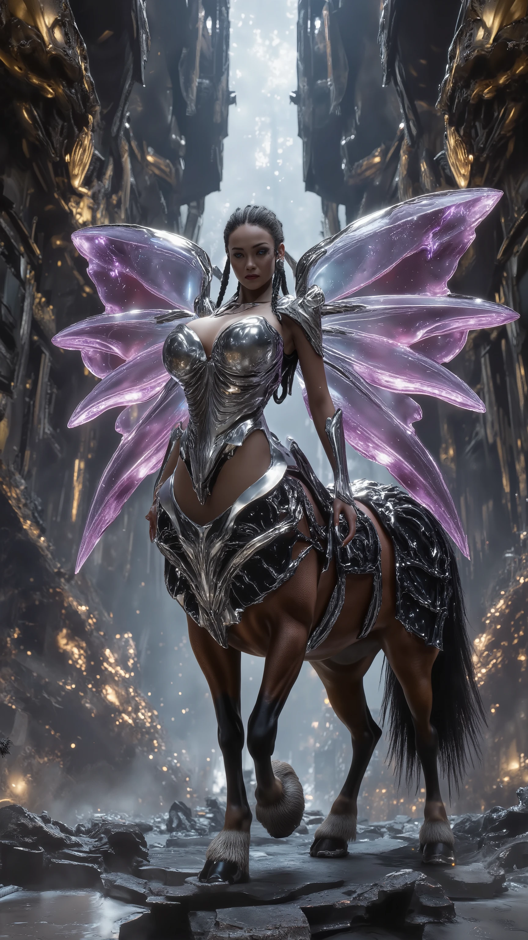 (Master quality:2.0) ( ultra-fine detail :2.0) ( neo-baroque architecture )  mythical cyber centaur queen ， antimatter horseshoe ，Superstring Mane， dynamic nebula cape ，12K grade skin （ subsurface scattering of subcutaneous nebula ）， quantum topology ， fractal crystal wing 。 material system ： liquid metal etching texture ， empty mountain base style curved surface ， non-Quak-gum plasma dress Kinetic ， photon tunneling stockings ， quak-gum plasma dress ， holographic scaly armor projection 。 optical configuration ： unreal engine-level global lighting ， cinematic volumetric fog effect ， HDR quantum tracking ， dynamic edge light emphasis (1.8)， iridescent sweat refraction system ， miniature nebula pupil 。Scene architecture： superconductivity Dimensional Sanctuary with lots of crystals ， contains quantum entangled column array （ neo-baroque mechanical relief ）、 floating tower of the Ming Dynasty （ gas circuit integration ）、 multi-layer holographic curtain wall （ ultra-realistic material Render ）。 character matrix ：① 中枢体- supergiant jelly chest (1.8) with fractal bark texture dress and Klein bottleneck accessory ；② 左前卫- Photon tunnels pass through the knee socks (1.7) combined with magnetic levitation skirt and Starwood chalcedony implant ； ③ right rear - holographic scale armor integrates quark cape and dragon scale defense Matrix ； ④ Suspended Body - Time Expansion Posture with Entangled Photon Veil and Dimensional Pedestal ； ⑤ Mechanical Muse - Liquid Metal Skin Integrated Fibonacci Hair Braids and Adaptive Camouflage Field。Physics engine： subsurface scattering - nebula light effect SSS 5 .0， cloth simulation - non-Newtonian fluid MAX protocol ， motion system - four-axis dynamic blur and hairline quantum entanglement 。Control parameters：--with 9:16 -- at 6.0 --style raw --chaos 45 --stylize 1080， additional control bone depth dynamic segmentation and dynamic capture frame SDxL 6 . 0 depth optimization 。 preserve full weight factor ： dynamic edge light emphasis (1.8)、 Photon tunnels pass through the knee socks (1.7)、 supergiant jelly chest (1.8) and other parameters fully coded 。 technical points including quantum topological binding 、 gas circuit integration 协议、 12K level subsurface scattering light tracking algorithm 。