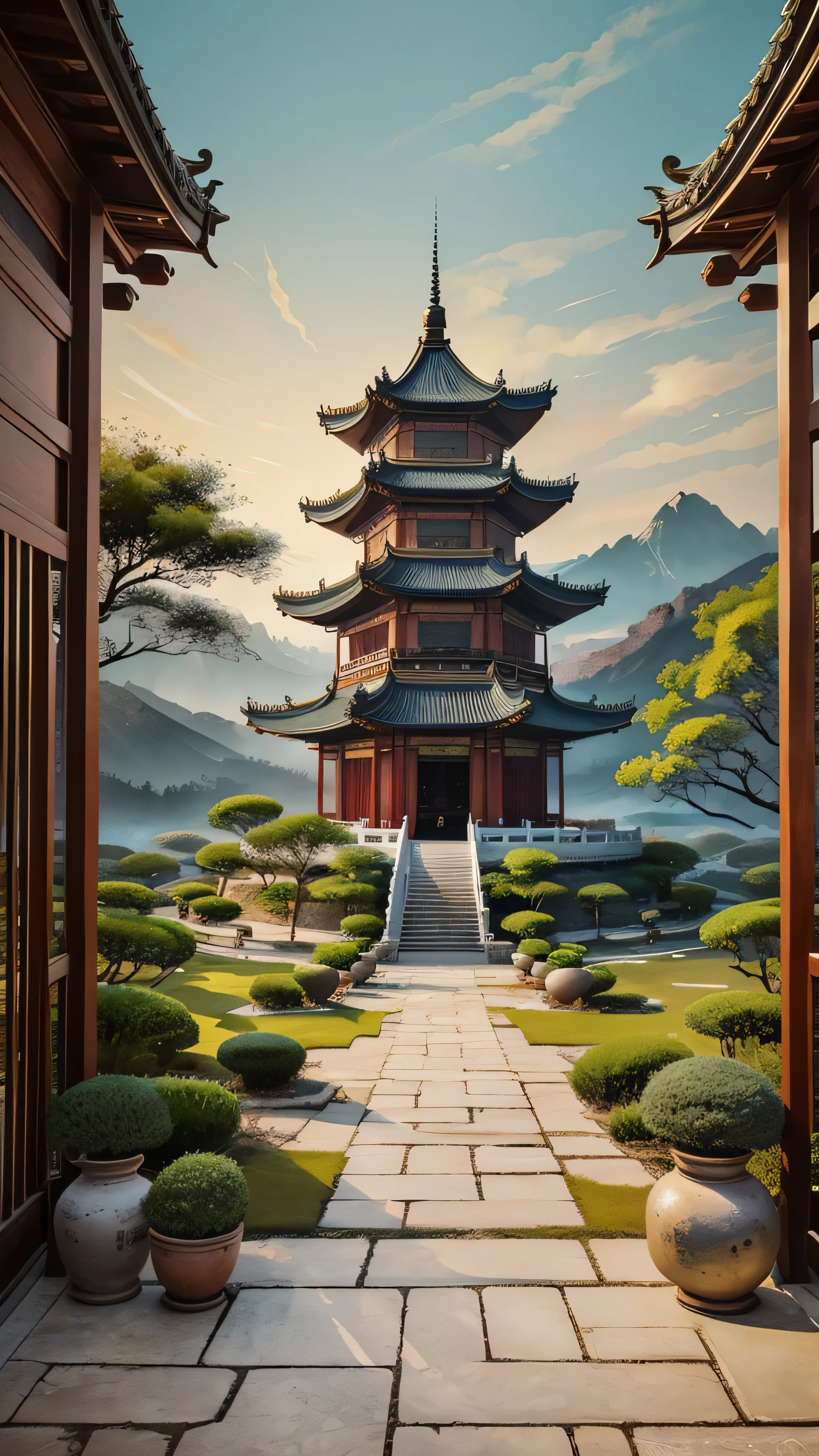 in high-definition images、Ink Painting Panoramic Paintings 、 epic ink painting 、 You Won't Believe How Beautiful They Are 、 Exquisite Interior Decor 、 depth of field effects 、 Imaginative、 fantasy、 High End Color Matching 、 a hall of ancient Chinese architecture 、 Spectacular 、 four corners 、 16k