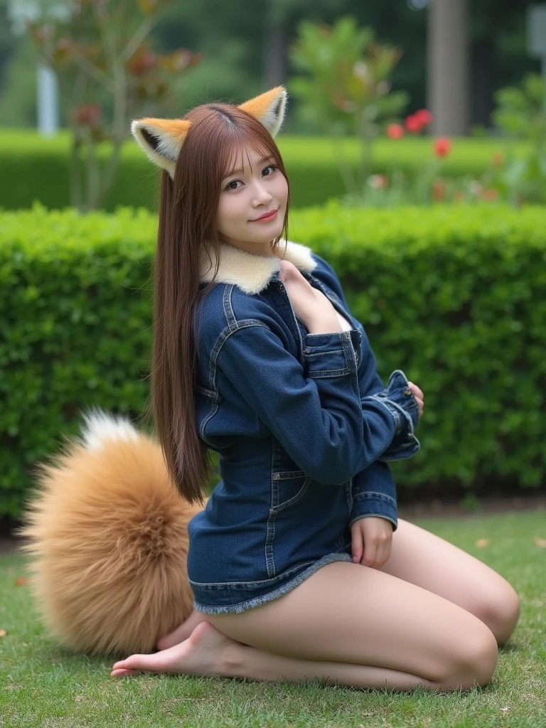 ((Highest quality, 32k)), ((masterpiece)), (Familiar), Perfect Face, Fox Girl, Pretty girl, Outdoor, model, Has one tail, She has a northern fox tail, She stretches out her fluffy tail, Beautiful hip line, Thick thighs, fur dress, A big tail sticks out from his butt, On all fours, Waving his tail happily, She only has one tail, Smiling Kindly