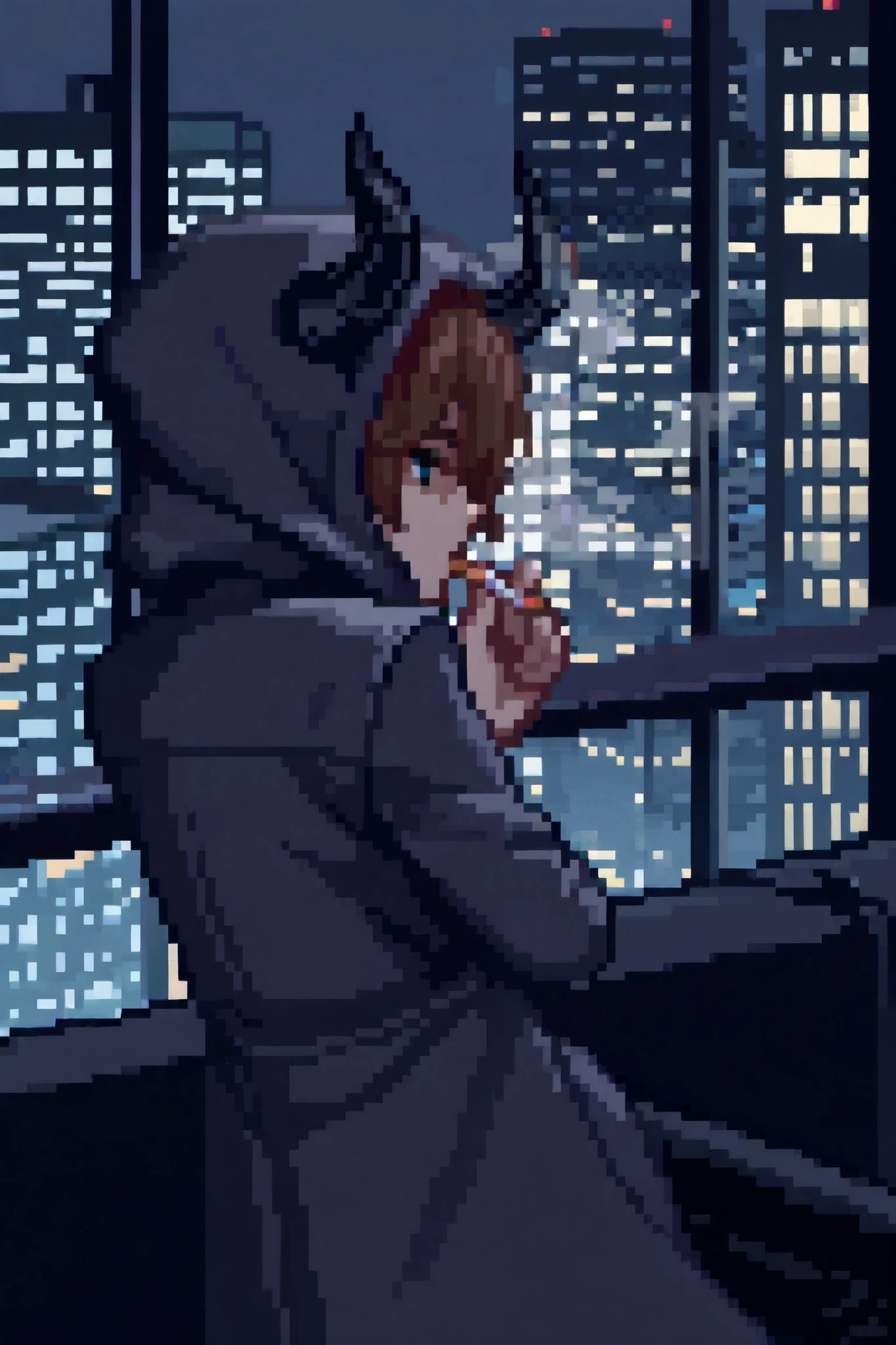 purple pixel style 2d, man In the hood with horns, man smoking cigarette, He looks at the night city of Tokisch from the roof of a skyscraper