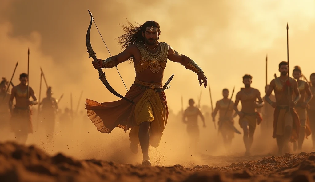 Arrow battle between indian kindlgsbArjun and karna, dynamic lighting , both are distance apart