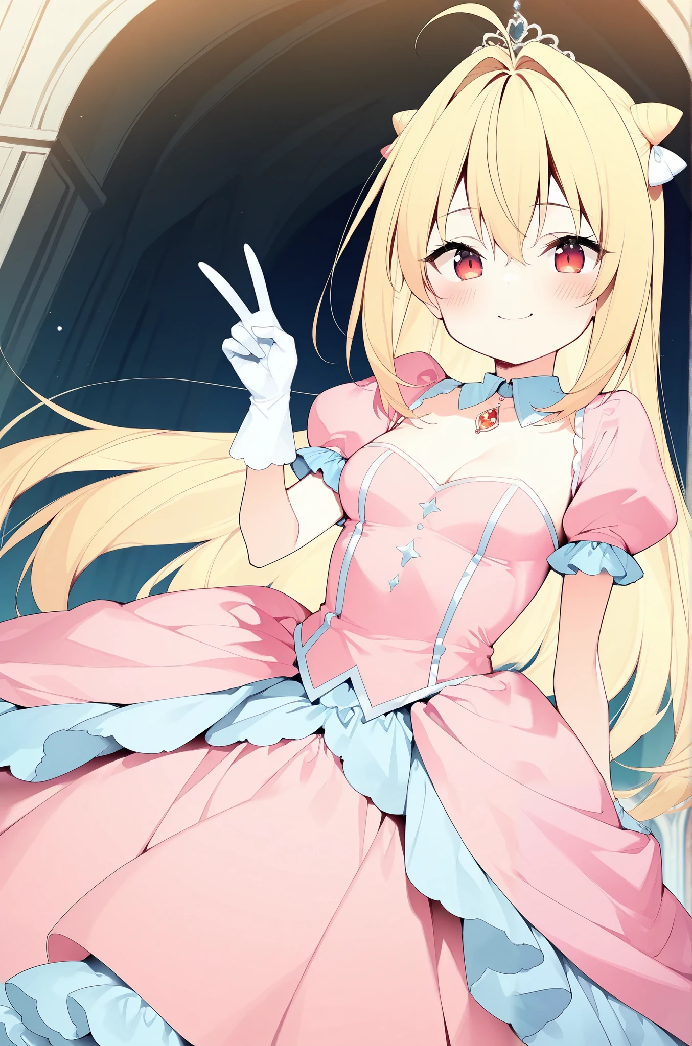 1girl, solo, terakomari gandesblood, long hair, blonde hair, cone hair bun, hair ornament, hair intakes, ahoge, bangs, red eyes, {{medium breasts}}, {{{{masterpiece}}}}, {{{best quality}}}, {{{high quality}}}, {{{smile}}}, {{{princess costume}}}, {{{{{puff sleeve}}}}}, {{{princess}}}, {{{frilled dress}}}, {{{cinderella (cosplay)}}}, {{{short sleeves}}}, {{{cinderella}}}, star princess, {{{pink dress}}}, {{{tiara}}}, {white puff sleeve}, peace sign, {princess gloves}, {{white princess gloves}}, {{{short sleeves}}}, {li}, {{{beautiful hands}}}, {{{{{beautiful finger}}}}},