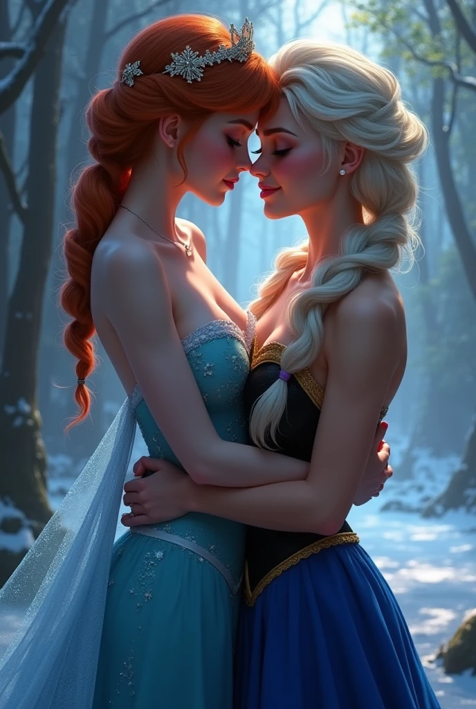A stunning portrait of Elsa and her sister Anna kissing, French kissing, tongues touching, they are kissing, young and beautiful, hyper realistic, real portrait, backlit, exquisite features, cleavage, Elsa is showing her vagina to Anna and asking her to lick her vagina, she is inserting his fingers in her vagina under her skirt, she is fingering her, Elsa is in ecstasy