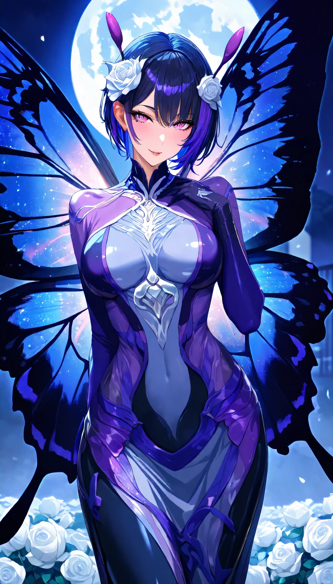 Illustration of a cute bikini model girl, (Anime style:1.2), masutepiece, Best Quality, ultra-detailliert, 4K, absurderes, hight resolution,(((masutepiece, Best Quality)))((masutepiece:1.5)), (Best High Quality, 超A high resolution, The ultra -The high-definition, 4K:1.3),((Perfect hands, Perfect fingers, Perfect legs)),1womanl, Looking at Viewer ,Full body shot, 20 years old, ((Light blue eyes)),((Round eyes)), Sweat, White skin, (((skinny))), Sweat,((Shiny body, Shiny skin,)), (((masutepiece, Best Quality)))((masutepiece:1.5)), (Best High Quality, 超A high resolution, The ultra -The high-definition, 4K:1.3), (((Blunt bangs:1.3))), (((Pink bob hair))), (((blue colored inner hair:1.3))),(((blue streaked hair:1.3))), ((Blue eyes)), ((White skin)),((((Shiny body, Shiny skin,)))), Dynamic Pose , fairy tail, (( Blue glowing eyes)), butterfly hair ornament, (((From above))) , BREAK ,((Midnight)), panoramic shot , glowing butterflies, ((cleavage)), Bare shoulders, piece sign,Black Micro Bikini、Witch Leotard, I'm hungry,fullmoon, City lights, Moonlight, ((Butterfly wings)), ((fly, Flying:1.2)), Opens mouth and laughs, Lots of glowing butterflies, flying butterflies, Perfect legs,((intricate designs)) BREAK, (a closeup),(arms folded),((From below)),((toothy grin))