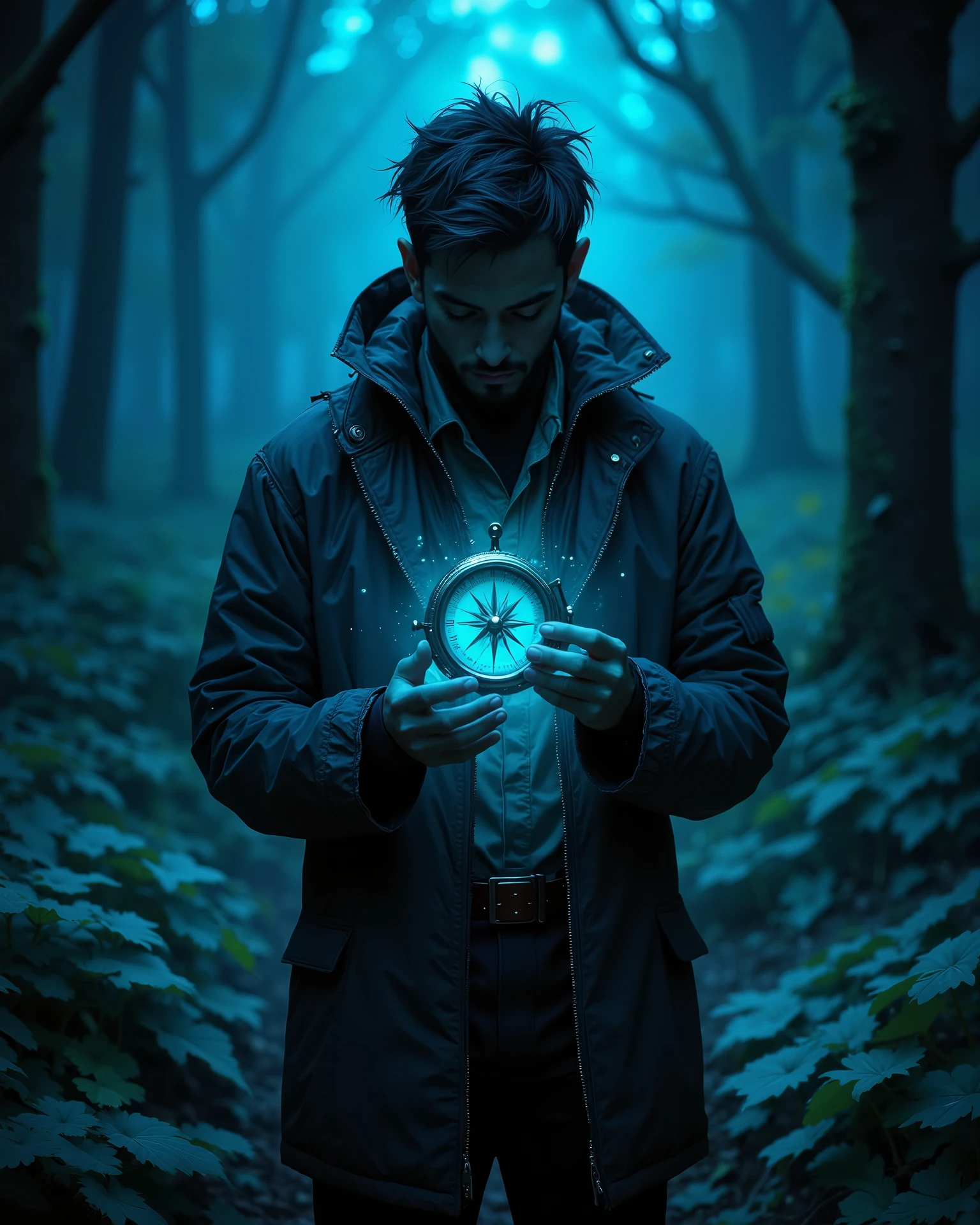A silhouette of a man, looking mysterious, frontal shot, close-up, (((((holding a small, floating, glowing compass in front of his body))))), looking down at the compass, shrouded in deep darkness, (walking in a thick misty forest), (floating blue-green-sapphire glowing particles), ((((deep dark sapphire blue color)))), (((blue))) at night, darkness, shadow, masterpiece, digitalart, painting, split complementary palette, muted, (((monochromatic))), achromatic, (cinematic artistic composition), best quality, (ancient feel), philosophy, ((mystical))