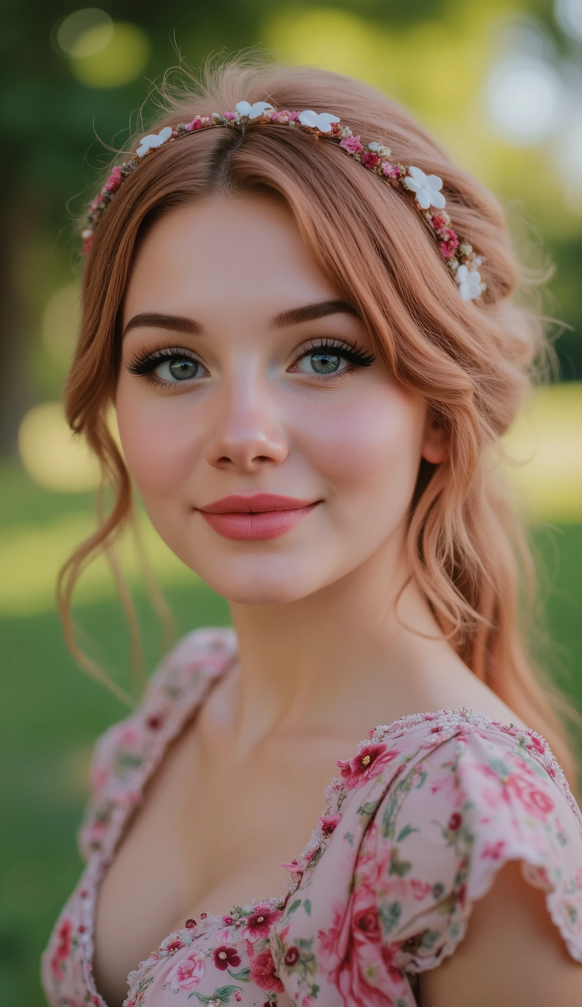  beautiful girl ,  perfect figure,  's beautiful detailed face,  Blue eyes,  smile, beautiful pink manicure, decorations, printed blouse, in the park,  Very detailed,  high detail,  best quality,  High definition