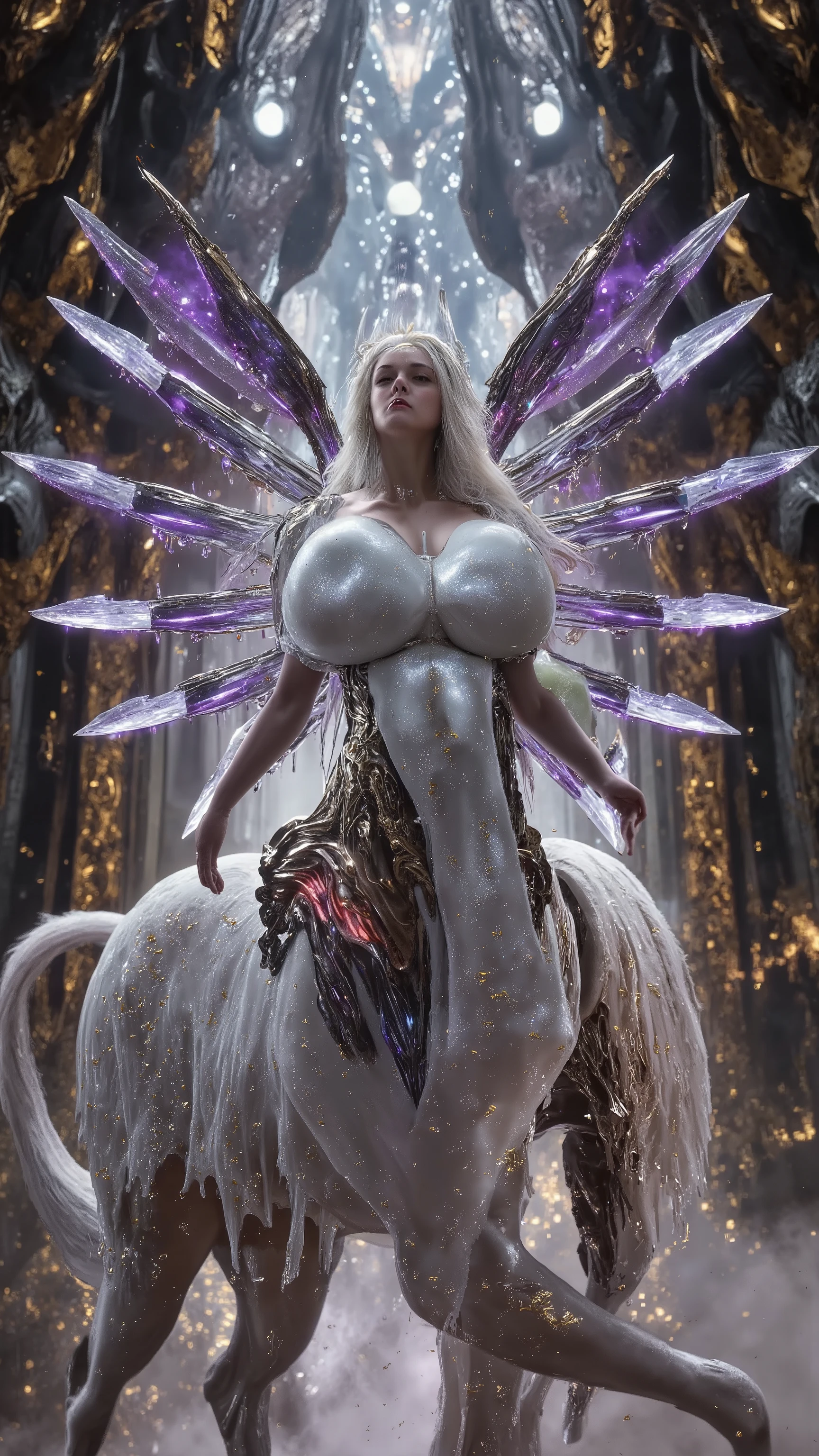 (Master quality:2.0)( ultra-fine detail :2.0)( neo-baroque architecture ) mythical cyber monster queen squad ，（horn、Feather、hoof、Mane 、Wings、wing、 half human half horse ：1.8），动态Nebula Cape，12K grade skin （ subsurface scattering of subcutaneous nebula ）， quantum topology ，分形晶wing。 material system ： liquid metal etching texture ， empty mountain base style curved surface ， non-Quak-gum plasma dress Kinetic ， photon tunneling stockings ， quak-gum plasma dress ， holographic scaly armor projection 。 optical configuration ： unreal engine-level global lighting ， cinematic volumetric fog effect ， HDR quantum tracking ， dynamic edge light emphasis (1.8)， iridescent sweat refraction system ， miniature nebula pupil 。Scene architecture： superconductivity Dimensional Sanctuary with lots of crystals ， contains quantum entangled column array （ neo-baroque mechanical relief ）、 floating tower of the Ming Dynasty （ gas circuit integration ）、 multi-layer holographic curtain wall （ ultra-realistic material Render ）。Hero Matrix 2.0：①量子人马女皇-反物质hoof铁/超弦Mane 毛/Nebula Cape/ dynamic wormhole projection ； ② Abyss Siren Nurse - Klein Bottle Health Pack /Superfluid Hair/ bioluminescence iris matrix ； ③ Phoenix Hime - Quark Quark Gum Plasma Skirt /Supernova Halo/磁流体Feather毛动力学；④纳米妖射手-分形水晶wing/Quantum Entanglement Bow/ boson arrow trajectory ； ⑤ Hell Maid Long - Dark Matter Waistband /Higgs Field Apron/ anti-gravity suspension tea set ； ⑥ Chaos Tree Demon - Fractal Bark Texture /Photosynthesis halo/ superconducting vine trigger mechanism ； ⑦ Mechanical Medusa - Nano Snake Hair Cluster /Dynamic Petrification Ray/Holographic scale armor； ⑧ Void Diva - Sonic Visualization Dress /共振水晶horn/Quantum Foam Microphone。horn色矩阵扩展： central body - supergiant jelly Chest (1.8) with fractal bark texture dress and Klein bottleneck accessory ； Left Avant-garde - Photon Tunnel Crossing Knees (1.6) combined with magnetic levitation skirt and Starwood chalcedony implant ； Right Rear - Holographic Scaly Armor Integrated Quark Cloak and Dragon Scale Defense Matrix ； Suspended Body - Time Expansion Posture with Entangled Photon Veil and Dimensional Pedestal ； Mechanical Muse - Liquid Metal Skin Integrated Fibonacci Hair Braids and Adaptive Camouflage Field。Physics engine： subsurface scattering - nebula light effect SSS 5 .0， cloth simulation - non-Newtonian fluid MAX protocol ， motion system - four-axis dynamic blur and hairline quantum entanglement 。Control parameters：--with 9:16 -- at 6.0 --style raw --chaos 45 --stylize 1080， additional control bone depth dynamic segmentation and dynamic capture frame SDxL 6 . 0 depth optimization 。 preserve full weight factor ： dynamic edge light emphasis (1.8)、（ Photon Tunnel Crossing Victoria's Secret ：1.6)、（ Oversized Jelly Big Chest ：1.8)。 technical points integration ： quantum topology binding protocol 、 gas circuit integration 系统、 12K level subsurface scattering light tracking algorithm 、磁流体Feather毛动力学模拟、 boson arrow trajectory 预测、 nano snake hair cluster behavioral logic 、 acoustic wave visualization waveform rendering 。