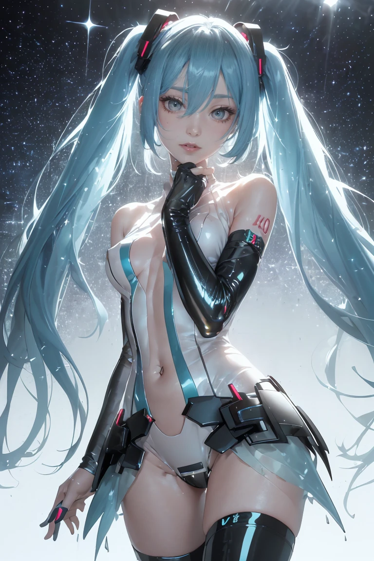 Masterpiece, Best Quality, Hatsune Miku, Girls, Slender, Rainbow Color Eyes, Hair Color, Iridescent, Long Hair Spreads, White Skin, Medium, Cute, Sexy, Halo, Near Future, Bikini, Too Exposed Skin, Psychedelic, Trip, Extreme Color, Paisley, Extreme Color, Cyberspace, Cyberpunk, Mandala Theme, Open Legs, Eyeshadow, False Lashes, Blushing, Left Arm of Machine, Smile, Systemic --auto --s2