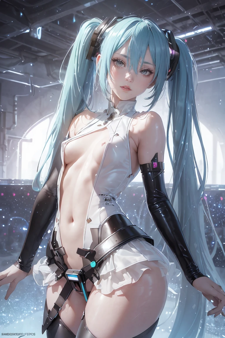 (quality)), ((masterpiece)), Recommended results、Puffy nipples、(see through:1.5)、straighten your back、abdominal muscles、huge bust、angle to floor:1.2、low camera angle、Hair loss on crotch，Hatsune Miku，super detailed)), (Very detailed的CG插画), ((extremely delicate and beautiful)),(1 blue transparent mechanical girl)),alone,whole body,(Machine made joints:1.2),((mechanical limbs)),(Flashing blood vessel points connected to tubes),(Mechanical vertebrae attached to the back，with flowing glitter.),((Flowing rainbow fixed around neck)),perfect round face,(Wires and cables connected to the neck:1.2),(Rainbow wires and cables on the head:1.2)(Character focus),,Very detailed,colorful,most detailed，white ceramic skin，blue short hair